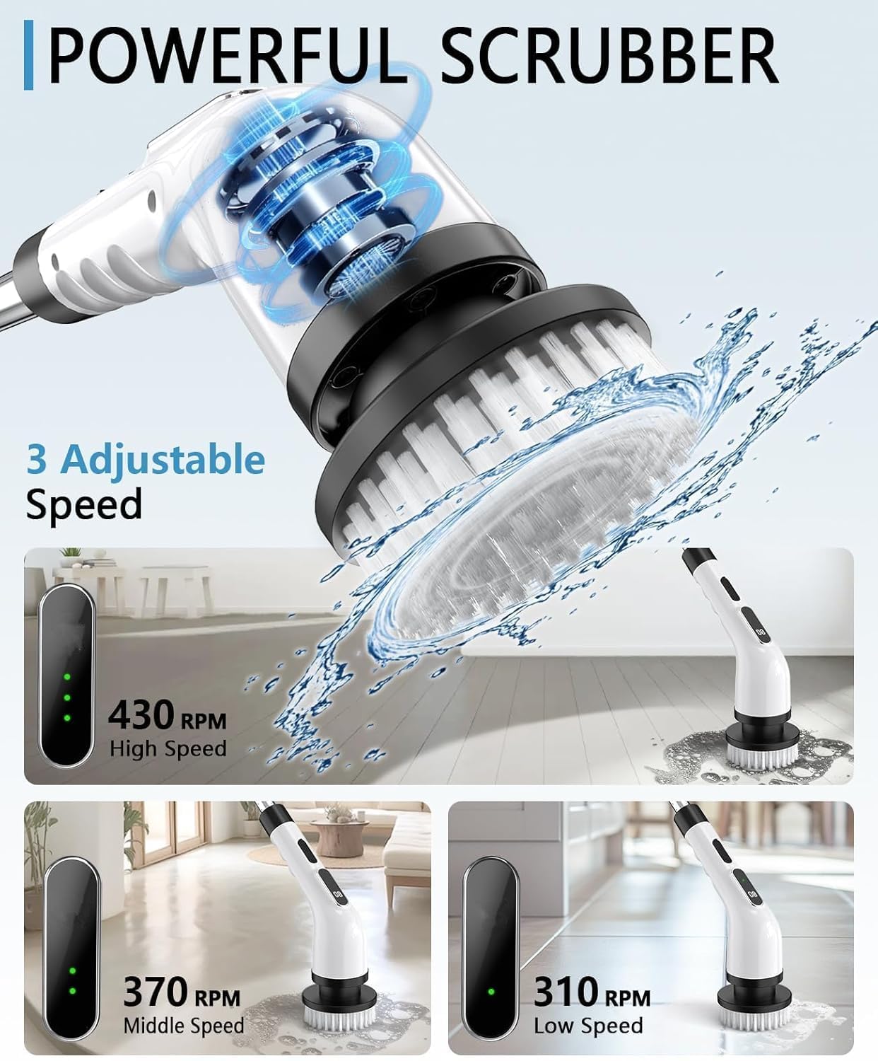 Electric Spin Scrubber for Cleaning Bathroom, Shower Scrubber Cordless Cleaning Brush with IPX7 Waterproof & 3 Speed, 9 Brush Heads, Bathroom Cleaning