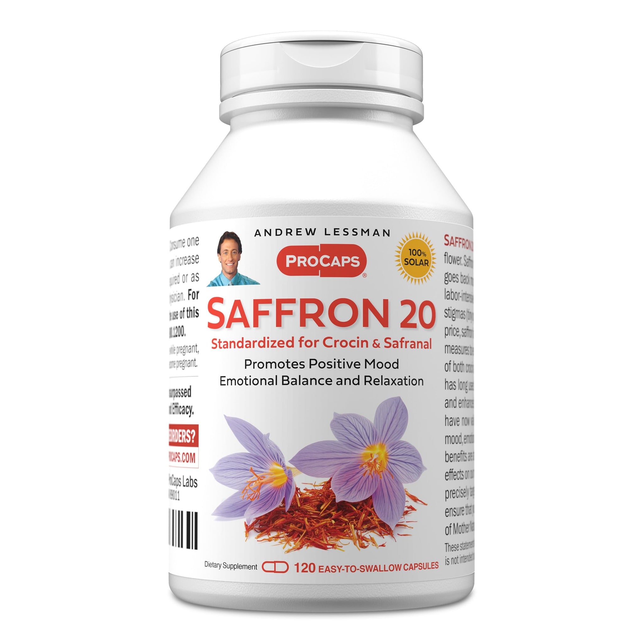 ANDREW LESSMAN Saffron 20mg - 120 Capsules - Standardized Extract. Promotes Positive Mood and Emotional Balance. Relaxation and Quality Sleep. No