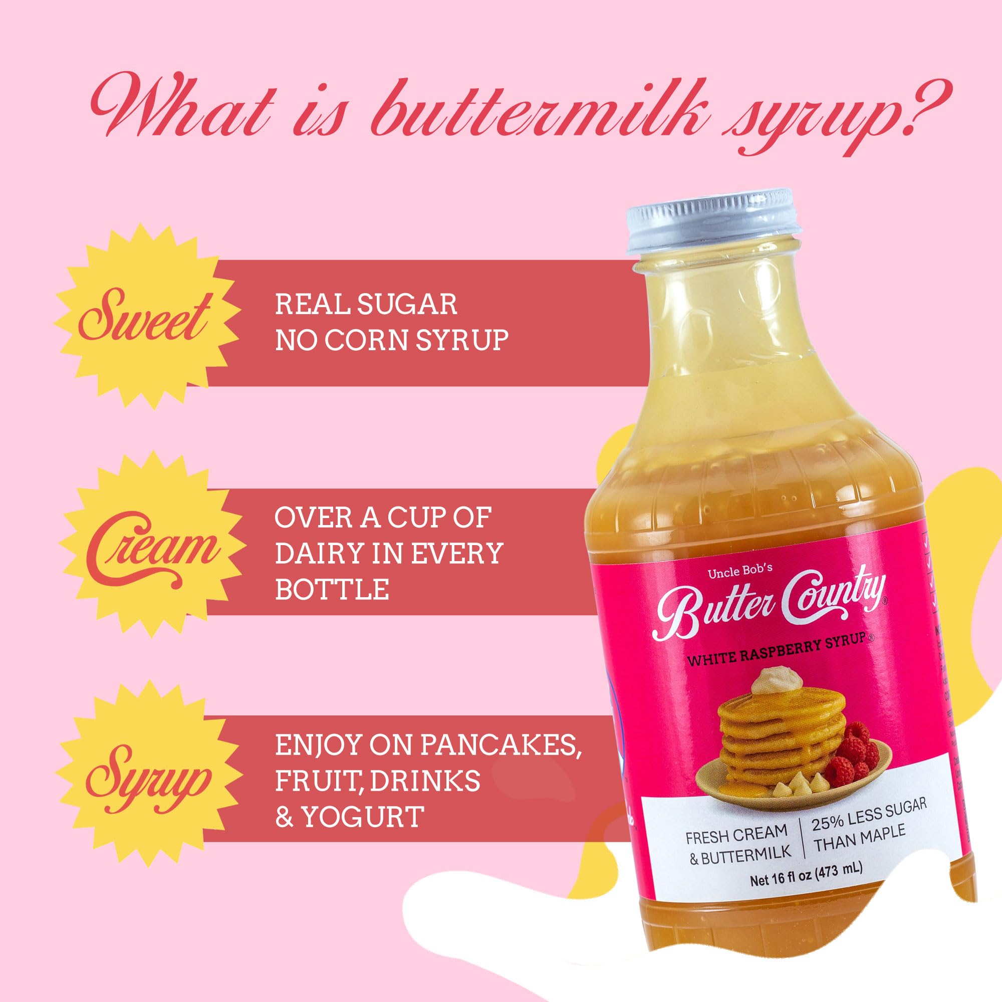 Butter Country Rich and Creamy Buttermilk Syrup | White Raspberry Flavor | Unique Gourmet Syrup for Pancakes, Waffles & More | 16 fl oz Bottle