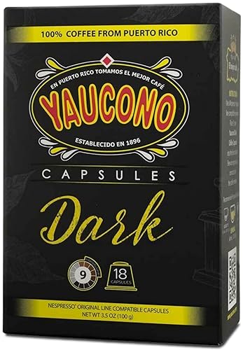 Yaucono Espresso Capsules, Dark Roast, 100 Percent Coffee from Puerto Rico Compatible with Nespresso Machines, 18 Count (Pack of 1)