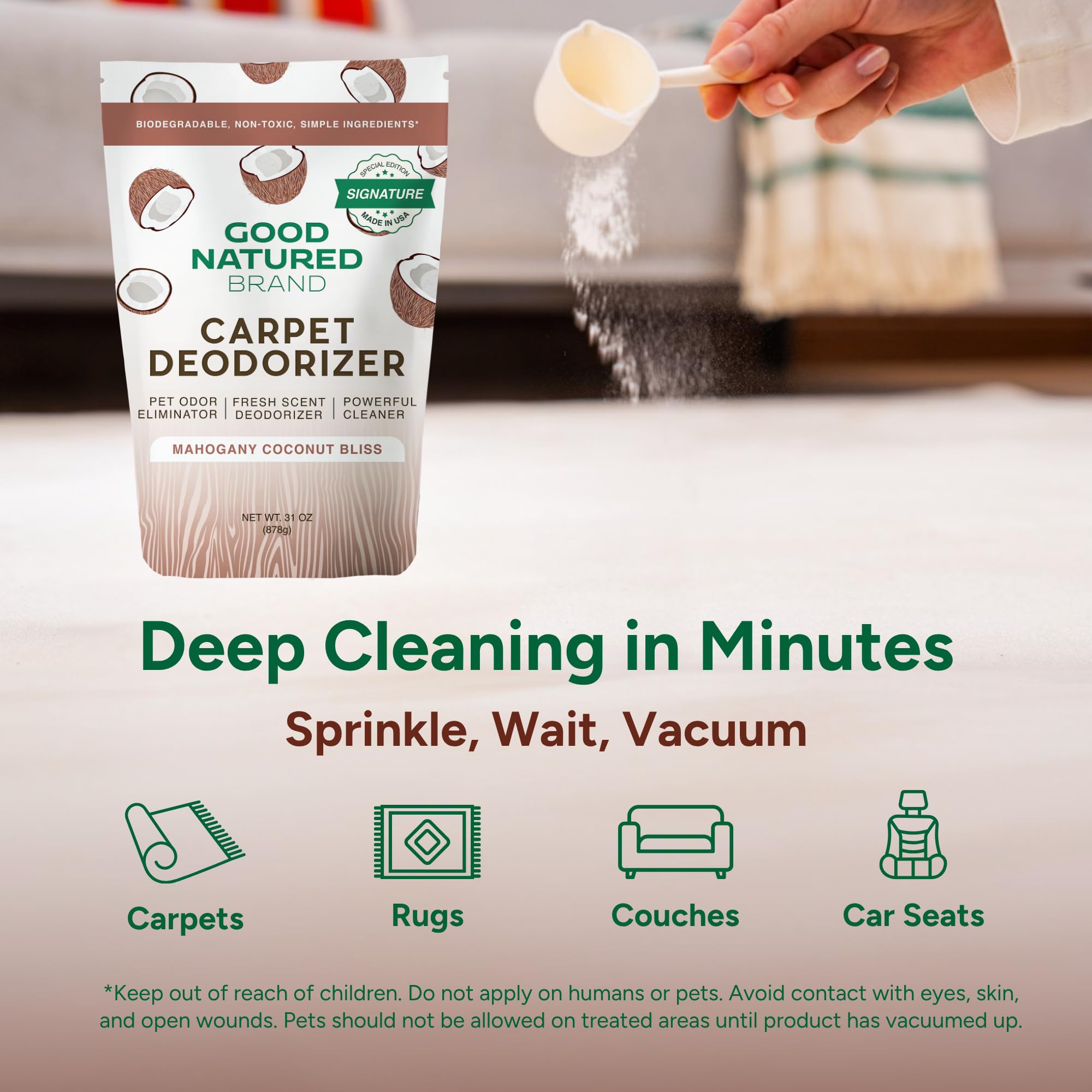 Good Natured Brand | Carpet Deodorizer & Freshener Powder | 31 oz Pet Odor Eliminator for Strong Odor & Pet Urine | Fresh Natural Mahogany Coconut