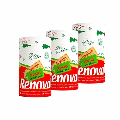 Homdkor Renova Christmas Kitchen Paper Towel 3 Jumbo Rolls 2-ply 120 Sheets- Printed Paper Rolls for Christmas Decoration Table - Use as Christmas