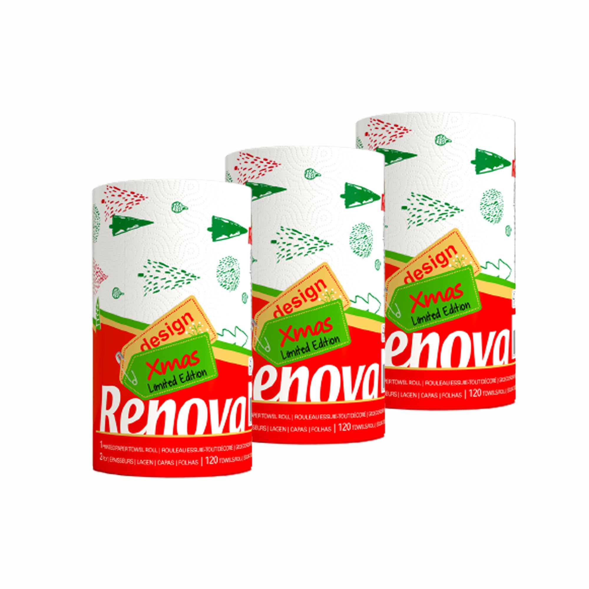 Homdkor Renova Christmas Kitchen Paper Towel 3 Jumbo Rolls 2-ply 120 Sheets- Printed Paper Rolls for Christmas Decoration Table - Use as Christmas