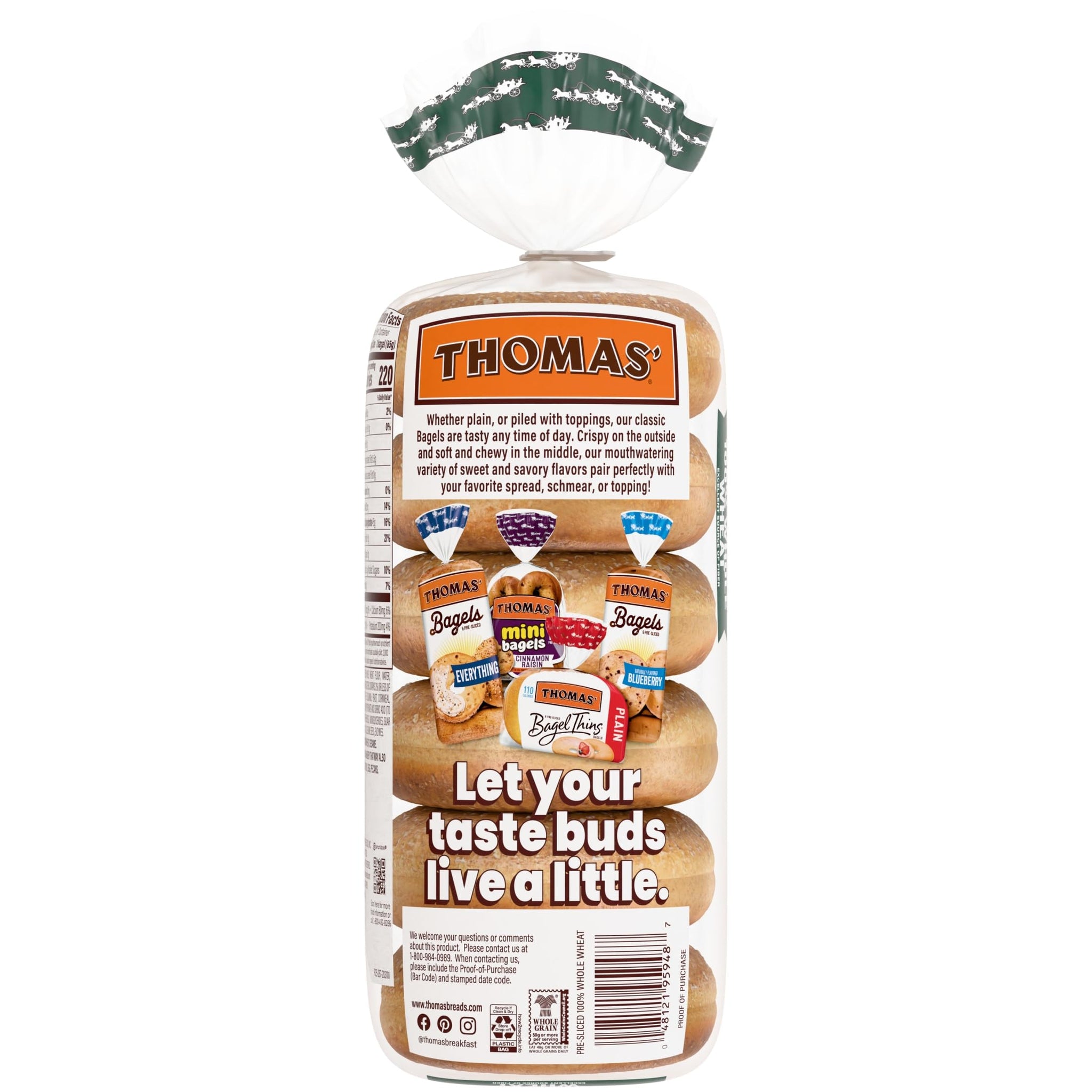 Thomas' 100% Whole Wheat Bagels, 6 count, (3.0 oz each), Excellent Source Of Fiber, Kosher Whole Grain Bagels, 18 oz Bag