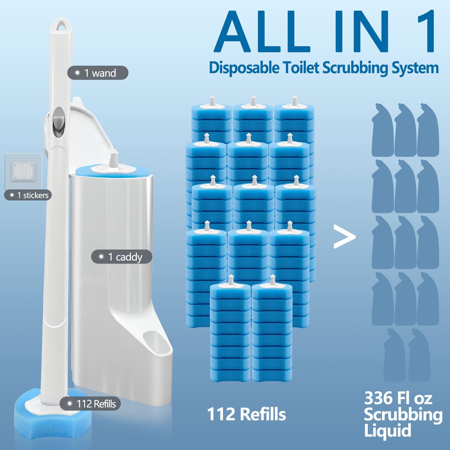 Disposable Toilet Brush with 112 Refills, Toilet Bowl Wand and Holder, White Toilet Cleaning Brush, Toilet Bowl Wand Kit Wall-mounted, Toilet Brush