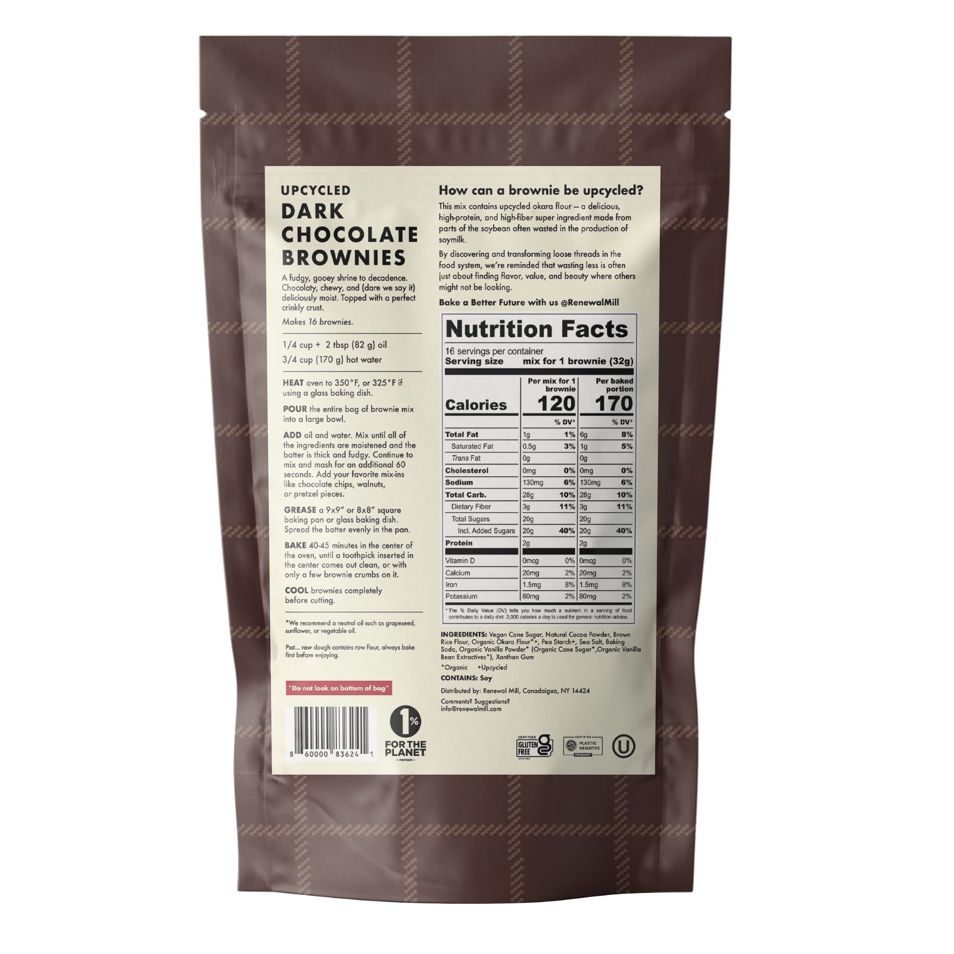 Renewal Mill Dark Chocolate Brownie Mix 18 oz, Gluten-Free, Vegan, Non-GMO, Upcycled Ingredients I Easy to Make in One Bowl, Only Requires Oil and Water, Kid-Friendly | Packaging May Vary