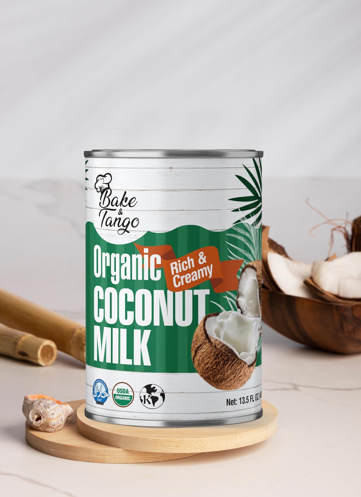 Bake & Tango Organic Coconut Milk - Rich & Creamy Coconut Milk, High-Fat, Unsweetened, Kosher, for Smoothies, Ice Creams, Baking & Cocktails, 13.5 fl oz