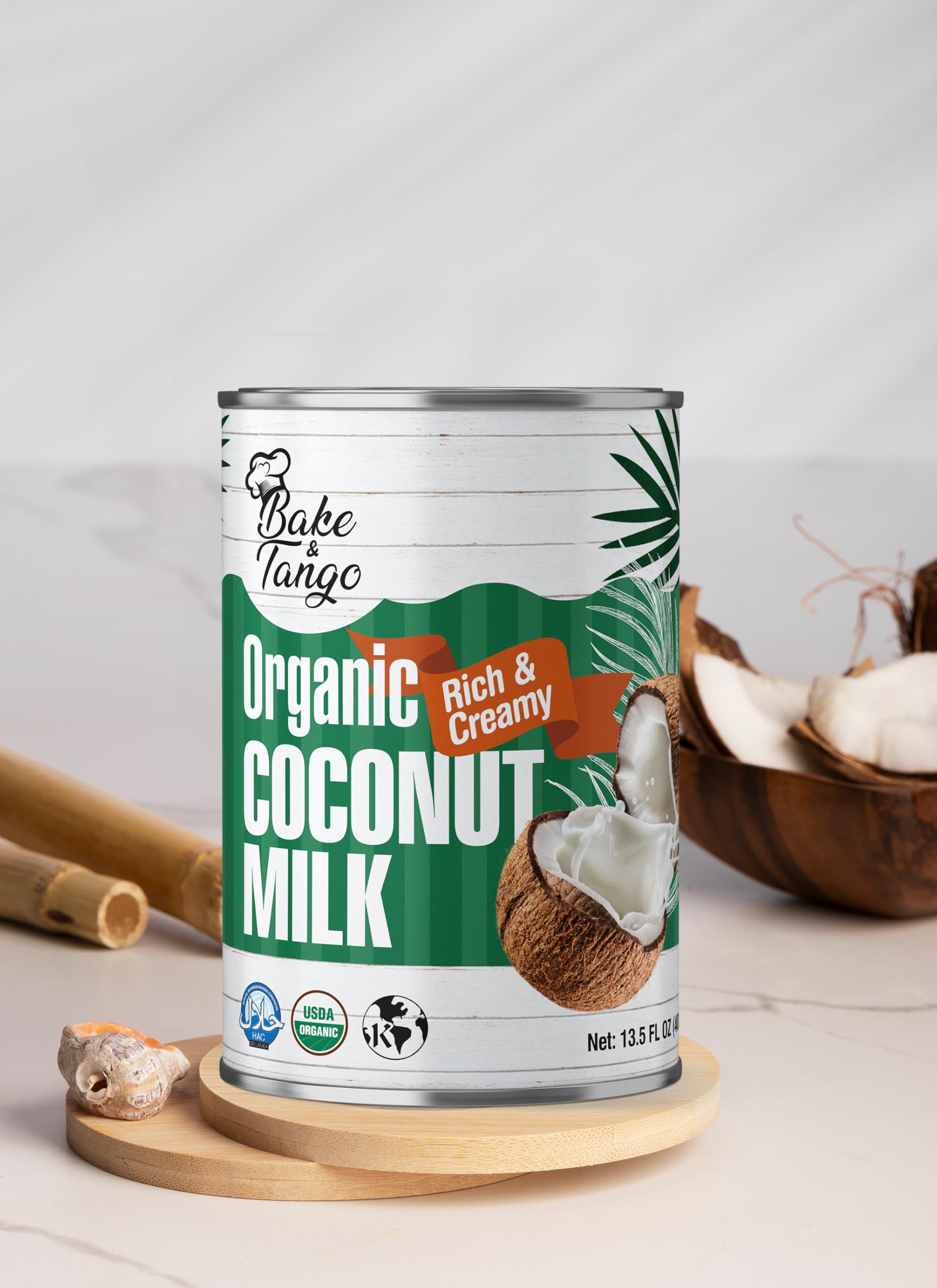 Bake & Tango Organic Coconut Milk - Rich & Creamy Coconut Milk, High-Fat, Unsweetened, Kosher, for Smoothies, Ice Creams, Baking & Cocktails, 13.5 fl oz