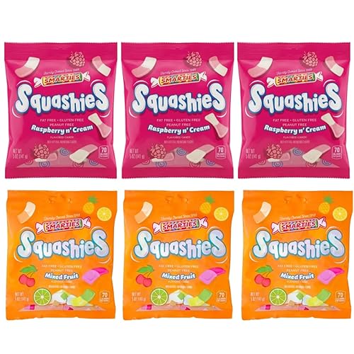 Smarties Squashies Variety Pack Foam Marshmallows Gummy Candies - Raspberry & Cream and Mixed Fruit Flavored - Allergen Free, Peanut Free & Gluten