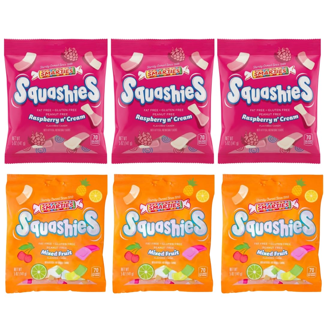 Smarties Squashies Variety Pack Foam Marshmallows Gummy Candies - Raspberry & Cream and Mixed Fruit Flavored - Allergen Free, Peanut Free & Gluten