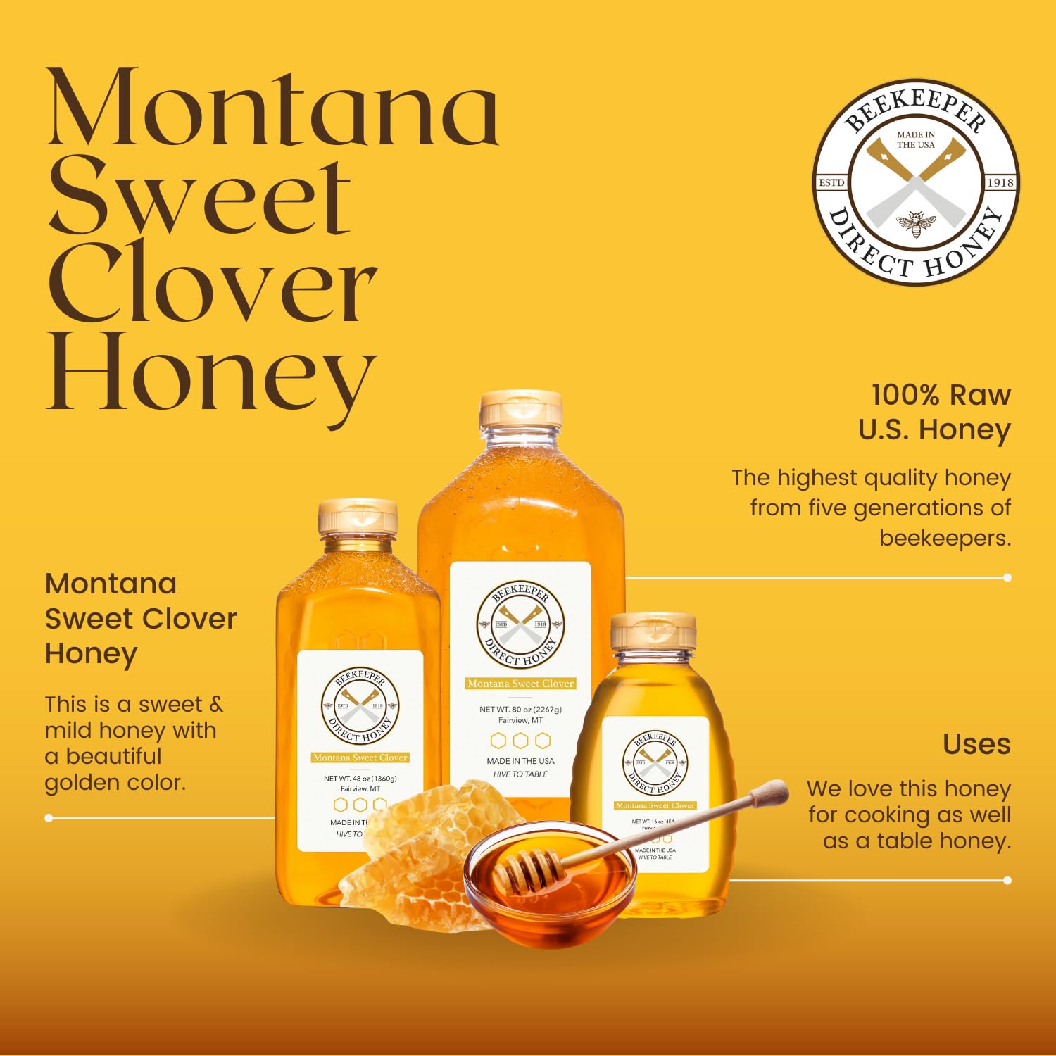 Beekeeper Direct Raw Unfiltered Honey - Real Raw Sweet Clover Honey - All Natural Non-GMO Pure Gourmet Honey - Local Montana Clover Honey (3lbs