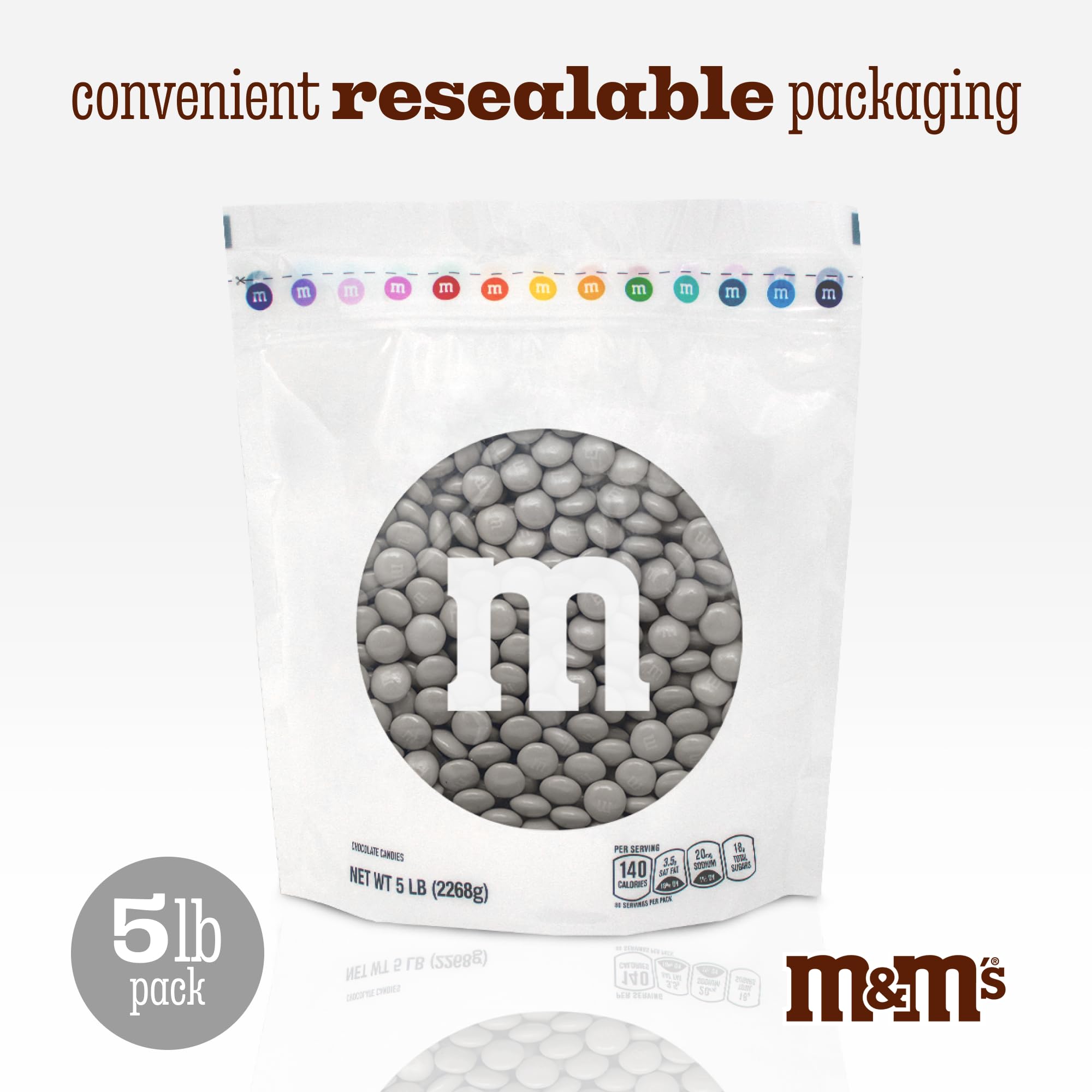 M&M’S WORLD Silver Milk Chocolate Candy Bulk - 5lbs Resealable Pack for Party Favors, Candy Bars, Weddings, Graduations, Birthday Parties, Party