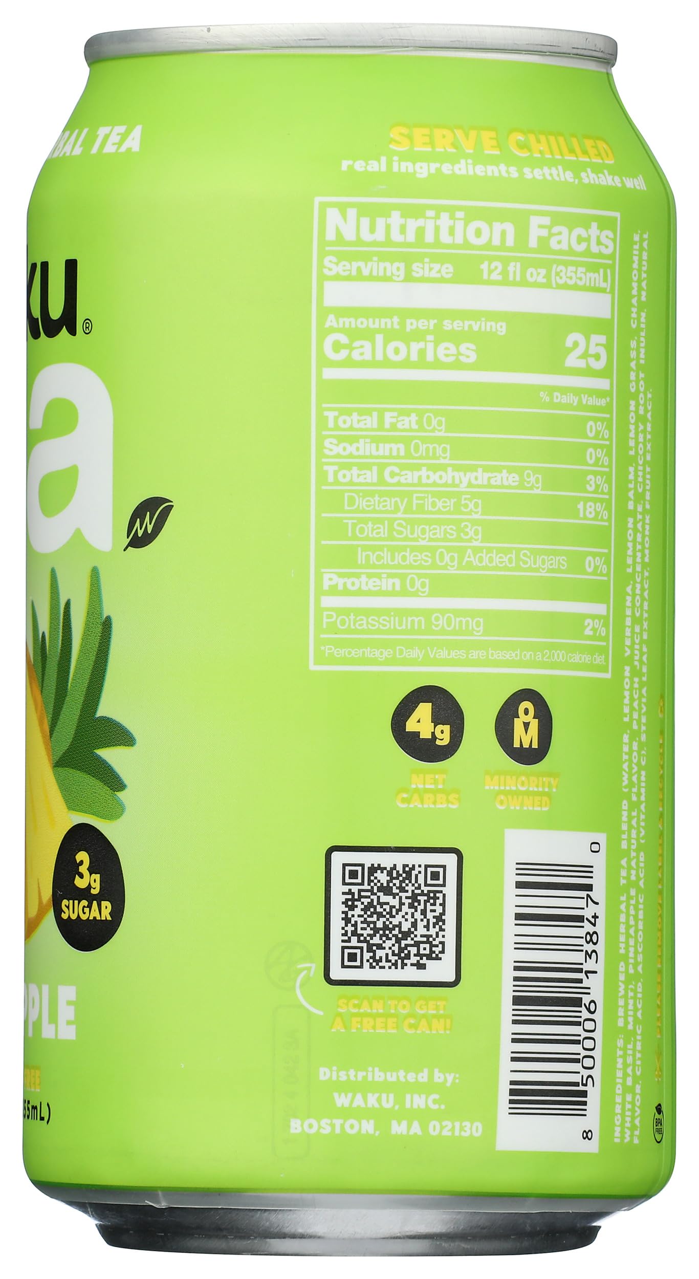 Waku, Tea Prebiotic Herbal Pineapple, 12 Fl Oz