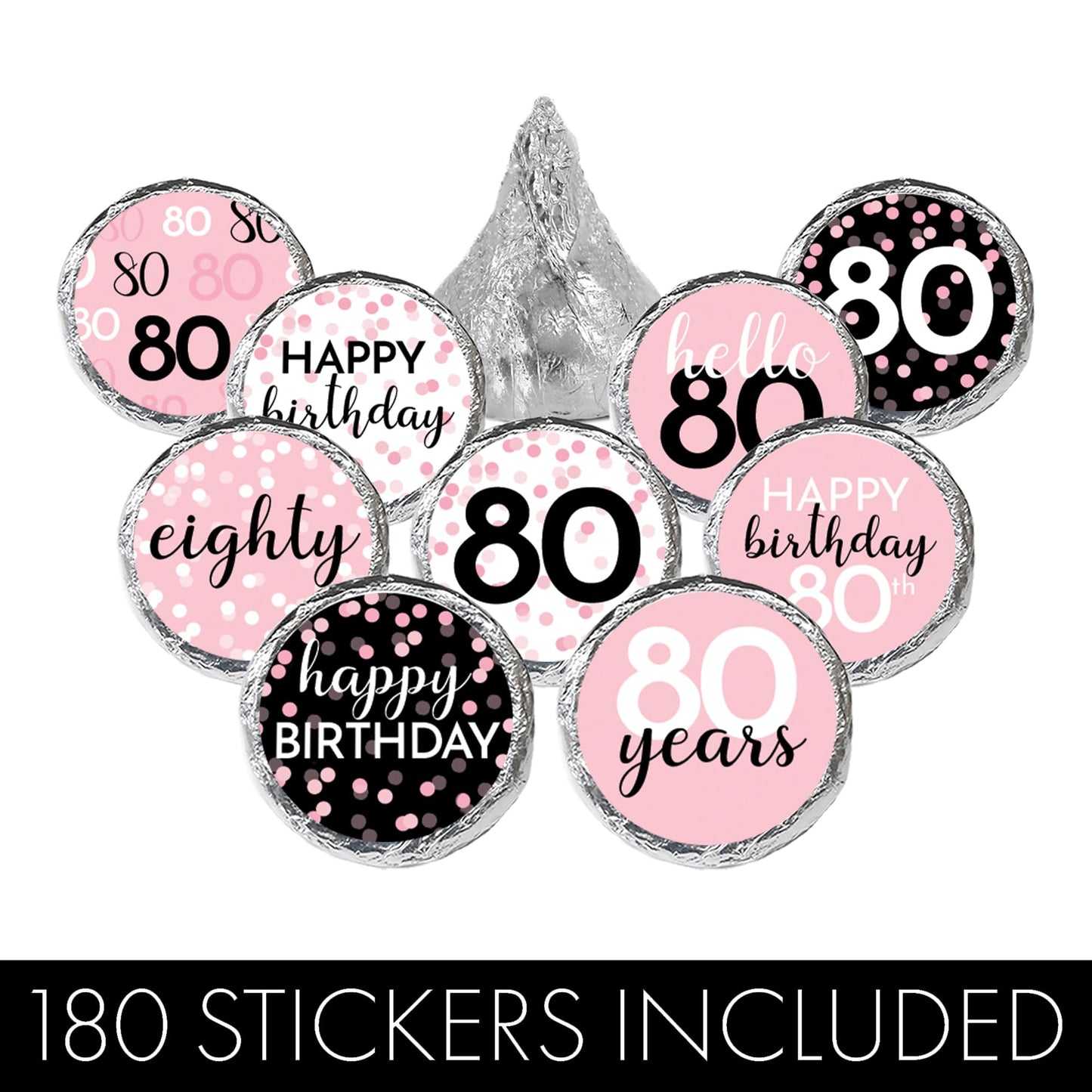 Pink 80th Birthday Party Favors Stickers, Chocolate Kisses Candy Labels for Guests - 180 Count