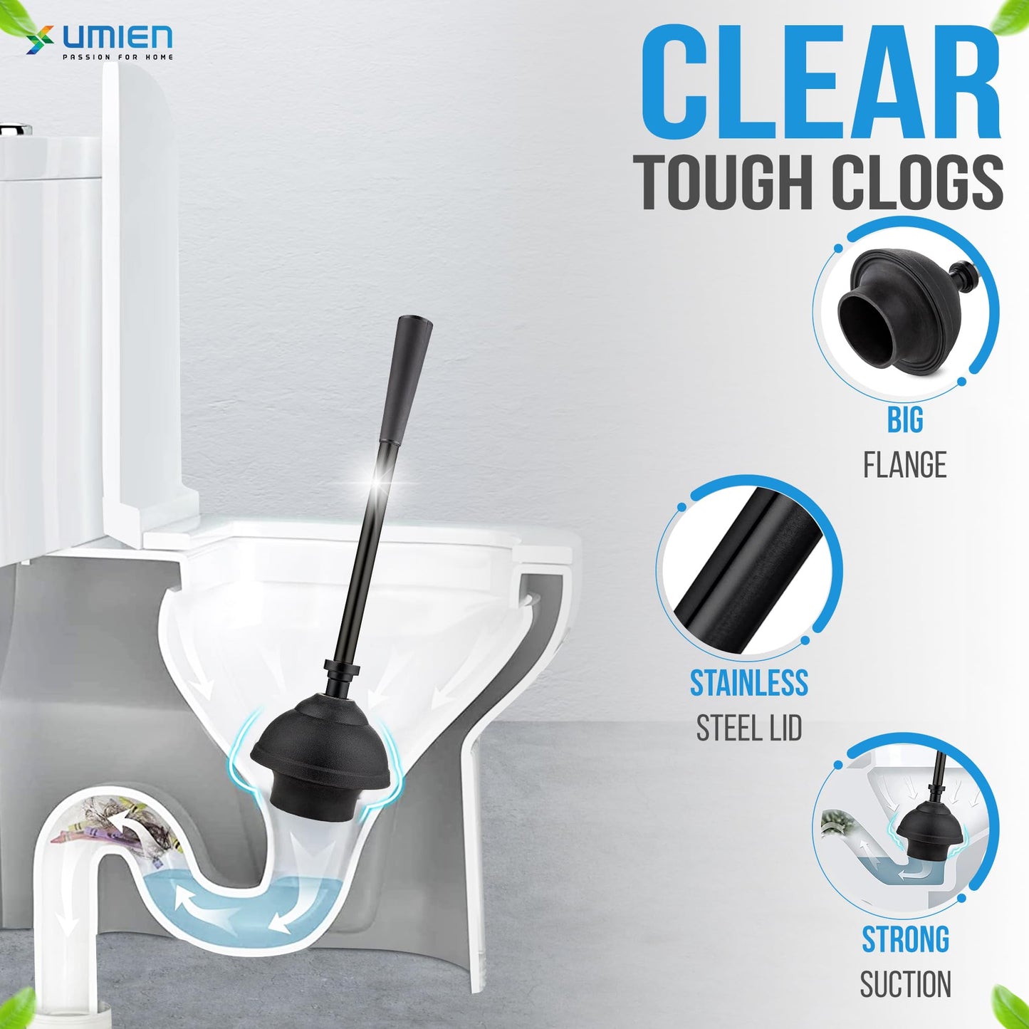 UMIEN Toilet Brush and Plunger Set 18-in - Updated 2025 No-Rust - Stainless Steel Design - Long Handles - with Freestanding Canister (Matte Black)