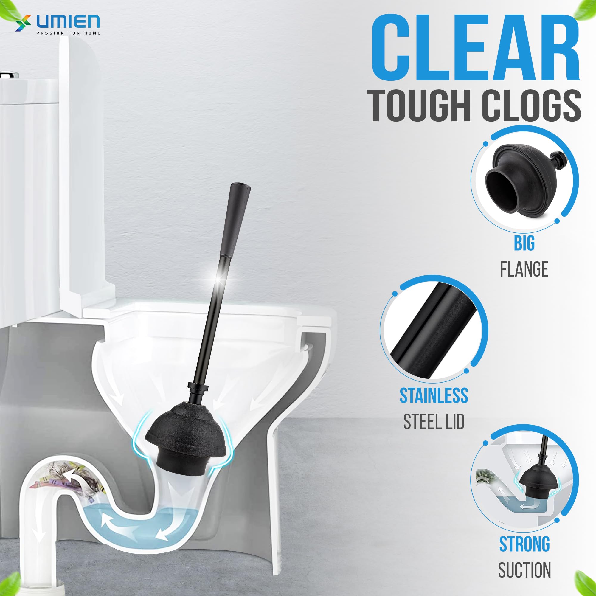 UMIEN Toilet Brush and Plunger Set 18-in - Updated 2025 No-Rust - Stainless Steel Design - Long Handles - with Freestanding Canister (Matte Black)