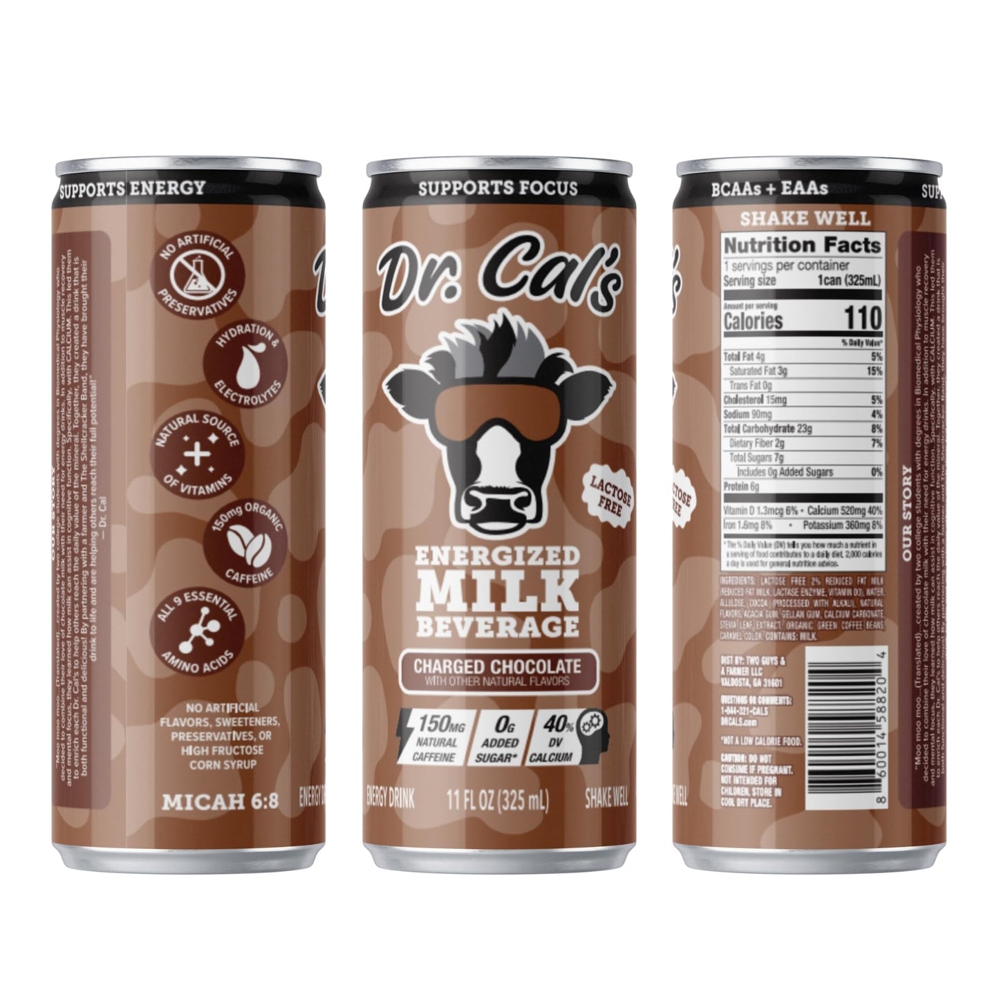 Dr. Cal’s Chocolate Milk Energy Drink - 150mg Natural Caffeine - 0g Added Sugar - Lactose Free - 12 Pack