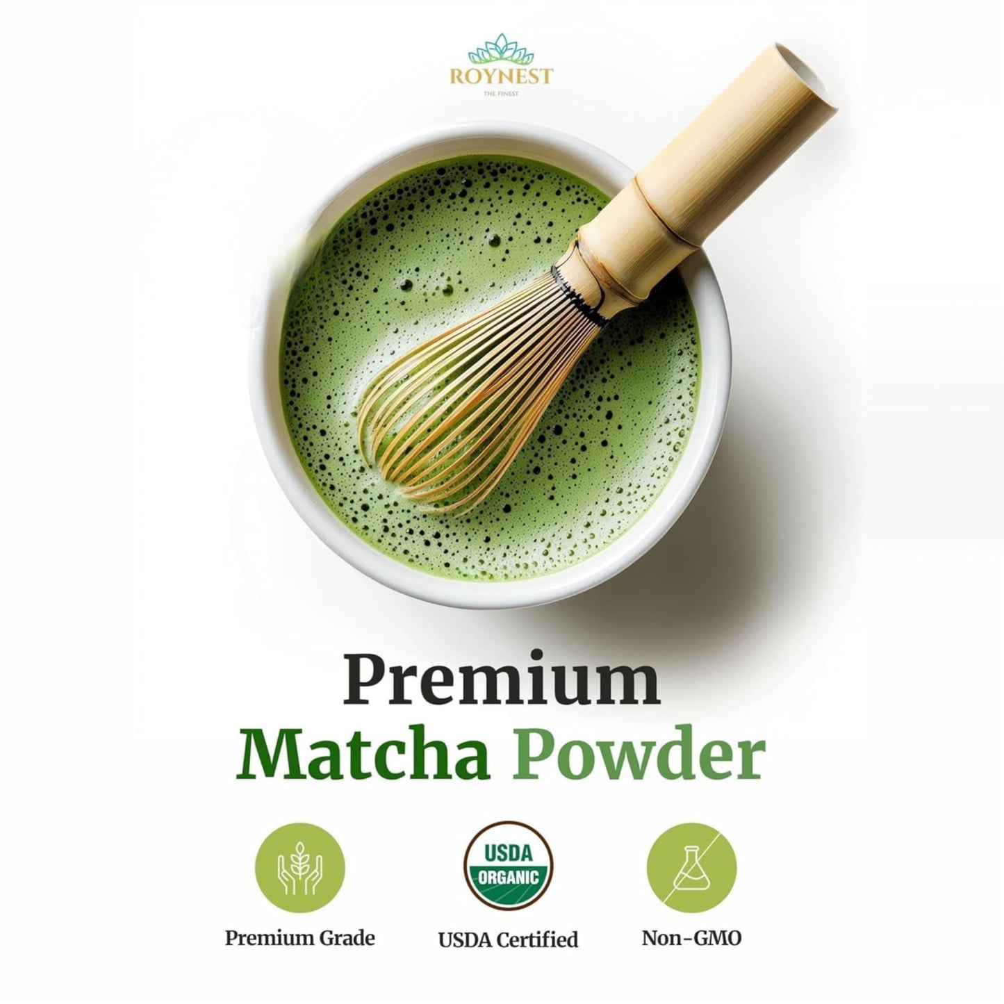 Roynest Premium Organic Matcha Powder - 100% Pure Matcha for Iced Lattes, Smoothies, Cold Drinks & Baking | Clean Energy, Vegan, Non-GMO, USDA