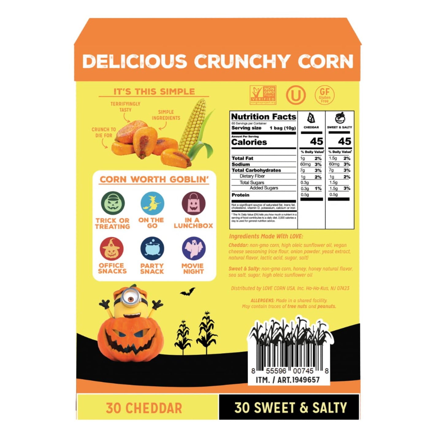 LOVE CORN Variety Pack, Featuring Cheddar & Sweet and Salty, 0.35 oz x 60 Delicious Crunchy Corn Healthy Family Snacks Gluten Free, Kosher, NON-GMO