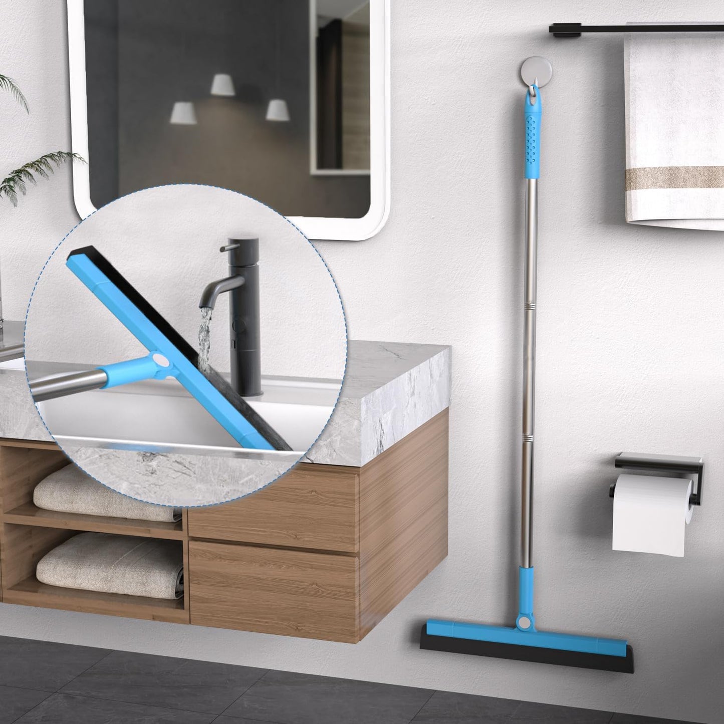 KOLLIEE Floor Squeegee Adjustable 59'' Long Handle Professional Floor Squeegee with Hook Water Squeegee Foam Blade for Concrete Floor Tile Pet Hair