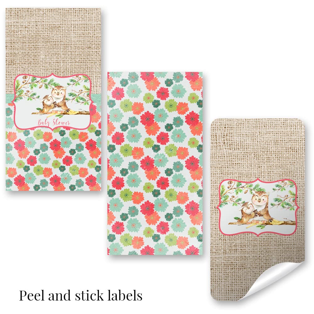 Amanda Creation “Guess Whooo” Cute Owl Baby Girl Shower Sprinkle Mini Chocolate Candy Bar Sticker Wrappers, 45 1.4" x 2.6" Wrap Around Labels, Great