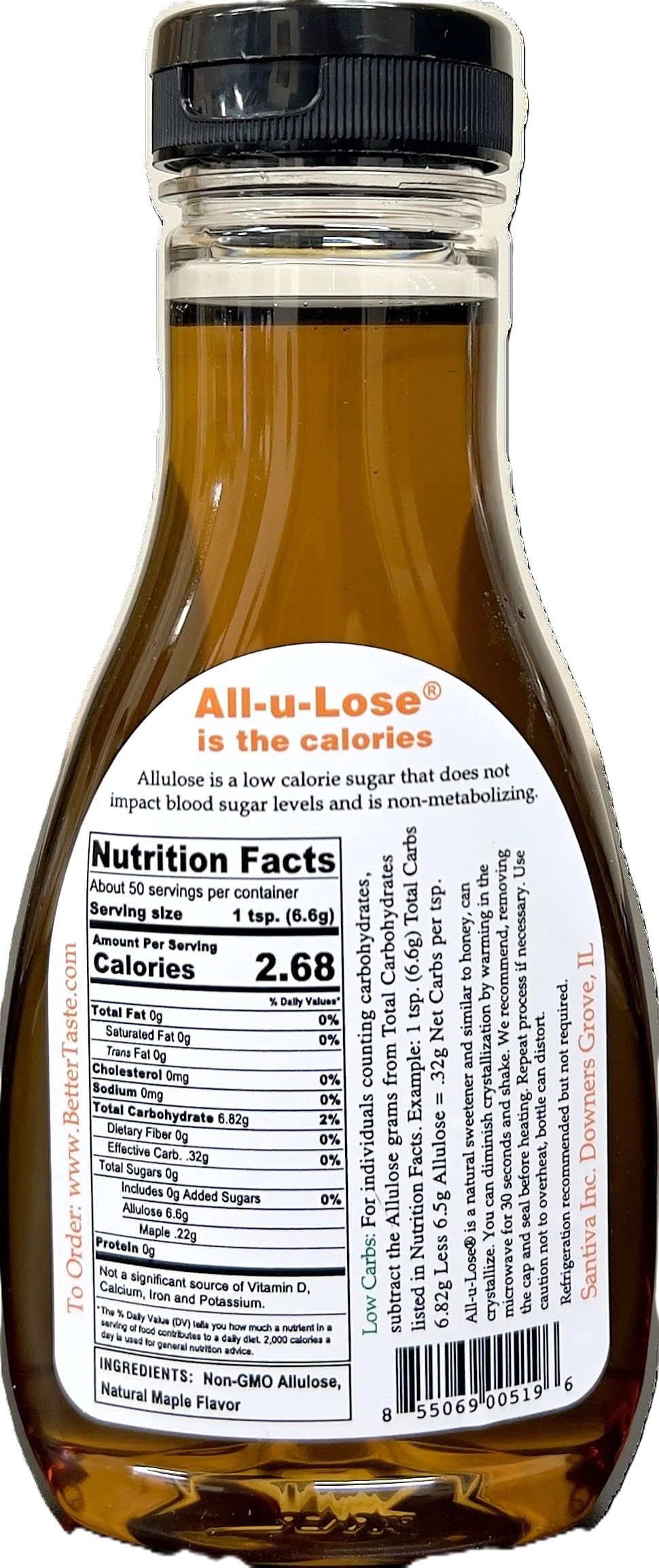 BetterTaste Natural Maple Flavored Allulose Syrup, Zero Calorie Sugar Substitute, 11.75-Ounce Bottle, Non GMO, Non-Erythritol, Gluten Free & Vegan