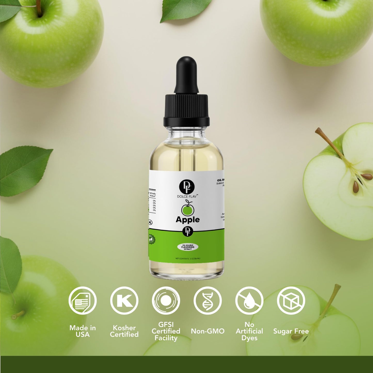 Dolce Flav Apple Extract - 1 Gallon Oil-Soluble Kosher, Sugar-Free, Concentrated Crisp Apple Flavoring for Baking, Chocolates & Desserts