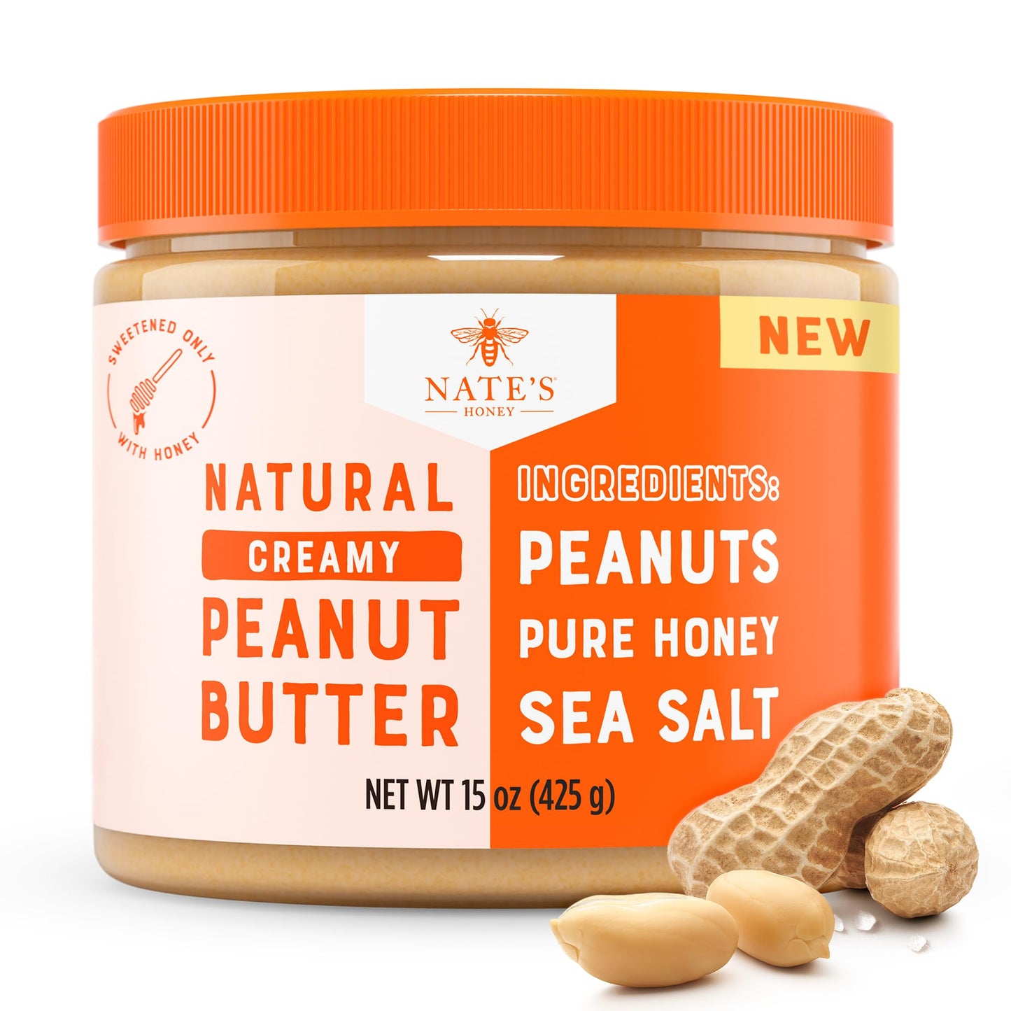 Nate's Honey Peanut Butter, Creamy, All-Natural - 3 Real Ingredients, Sweetened Only with Pure Honey - 15 oz Jar - No Refined Sugar, No Palm Oil, Easy