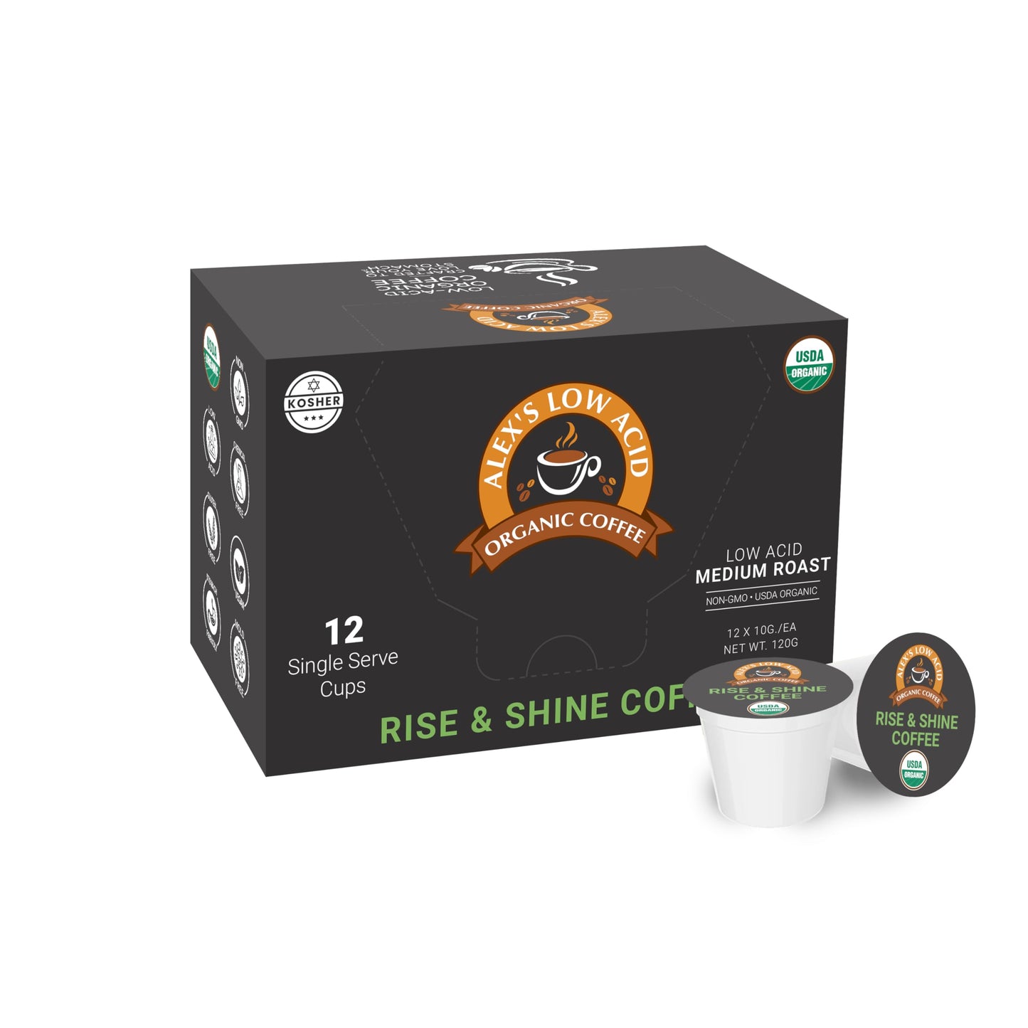 Alex’s Low Acid Organic Coffee | Created to Limit Heartburn, Acid Reflux & Stomach Irritation | Rise & Shine | Pack of 12 K-Cups