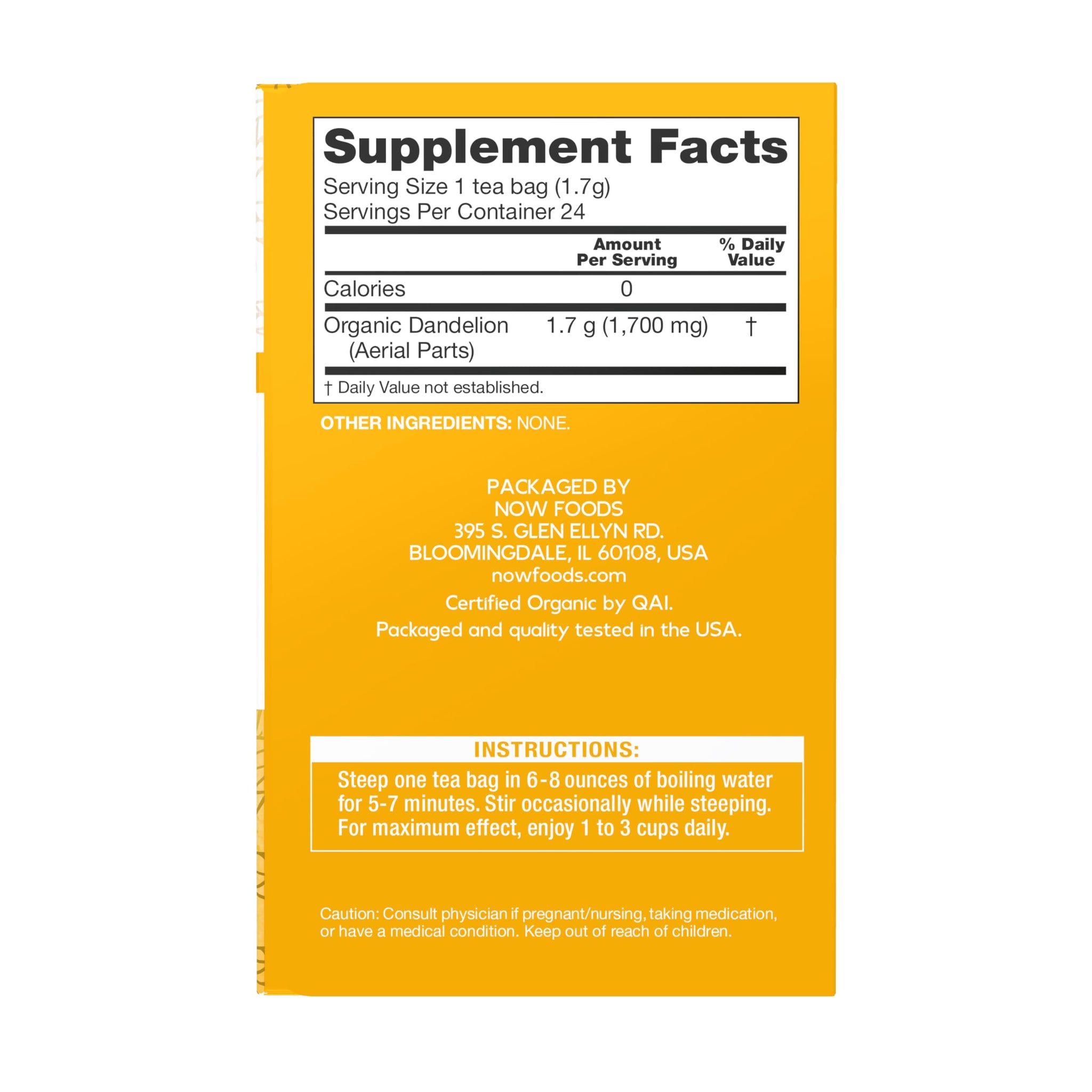 NOW Foods, Certified Organic Dandelion Traditional Cleansing Herbal Tea, Caffeine-Free, Non-GMO, Premium Unbleached Tea Bags with No-Staples Design
