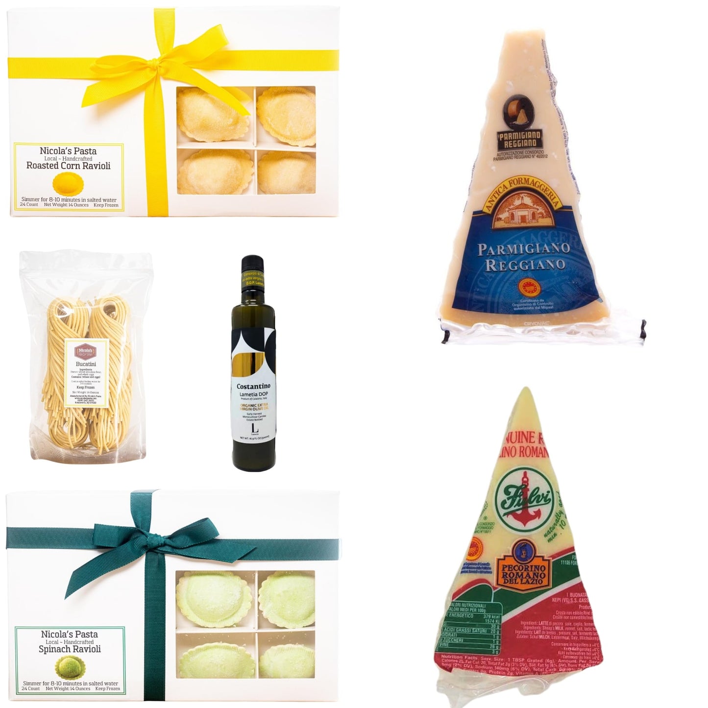 Authentic Cacio e Pepe Bundle with Roasted Corn Ravioli, Handmade Bucatini, DOP Pecorino Romano & Parmigiano Reggiano, DOP Extra Virgin Olive Oil