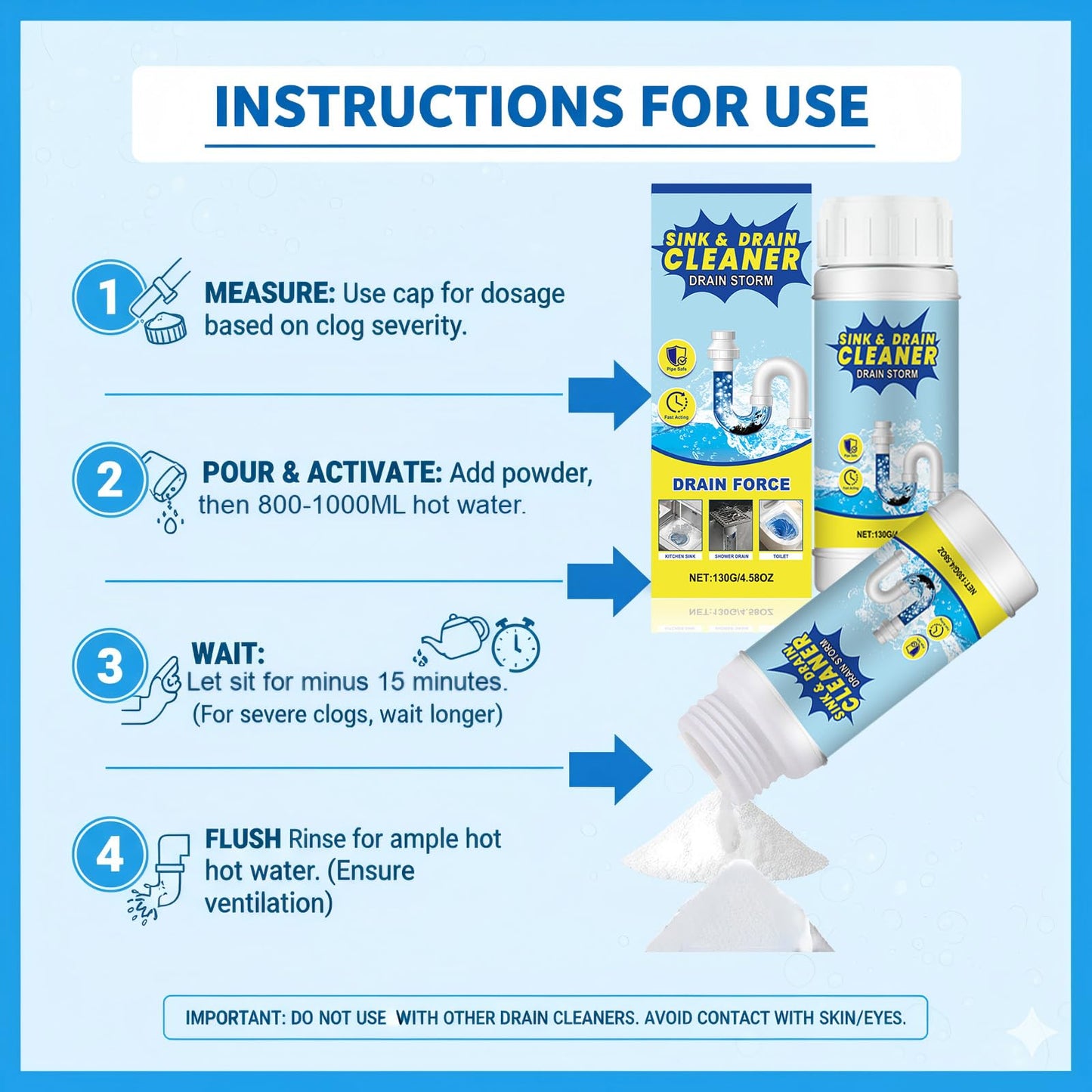 Foaming Drain Cleaner Powder - Fast Foaming Sink & Drain Cleaner for Kitchen, Bathroom & Toilet Pipes - Removes Hair, Grease, & Food Waste,Unclogging