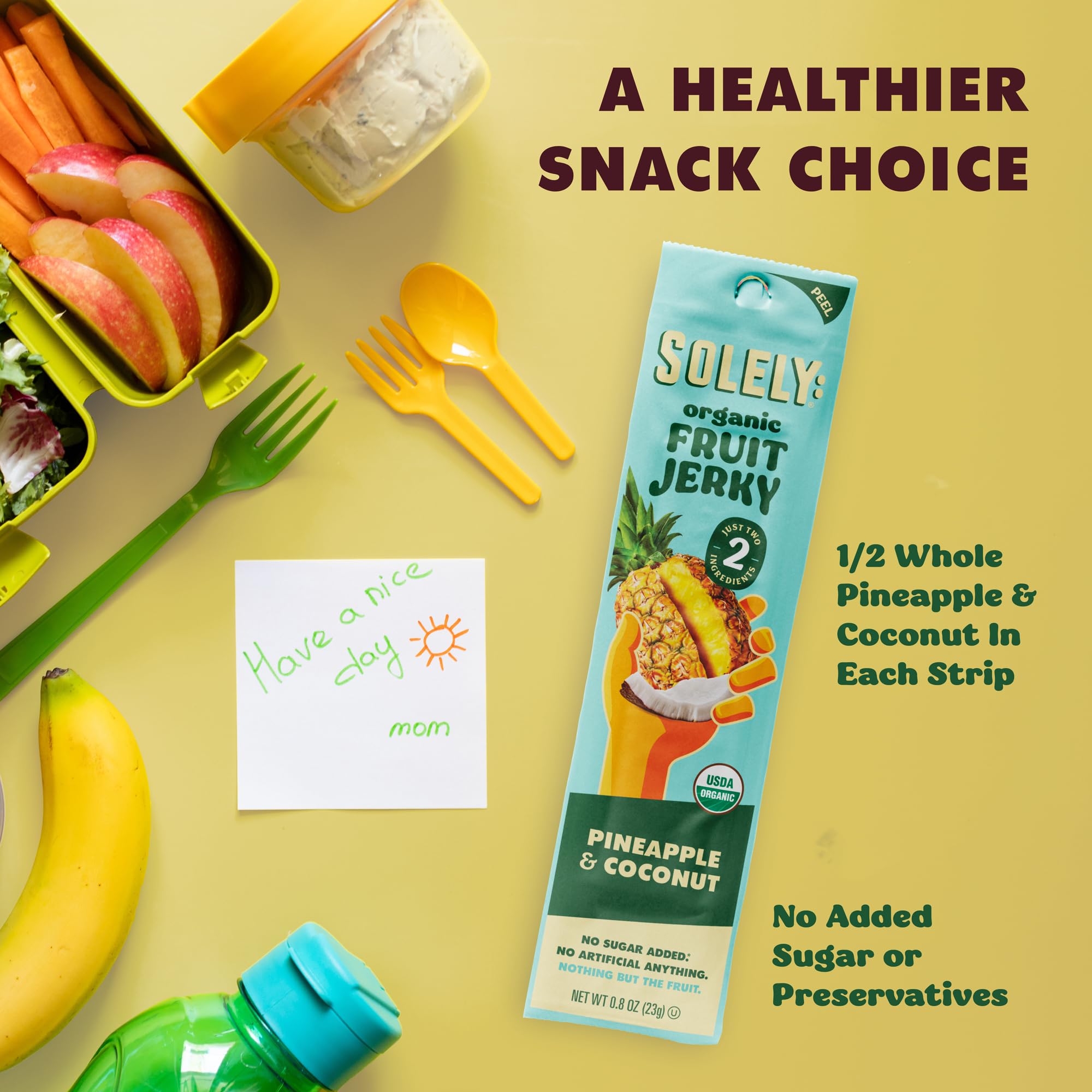 SOLELY - Organic Pineapple Coconut Fruit Jerky - 1 Individually Wrapped Strip - Fruit Leather Made from Dried Fruit - Healthy Snacks for Adults & Kids
