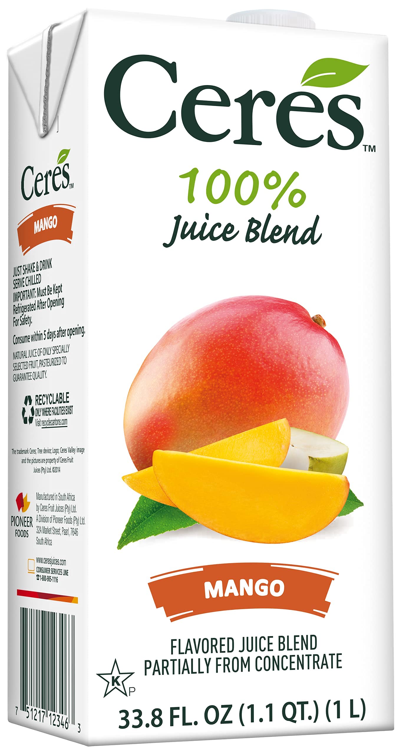 Ceres 100% All Natural Pure Fruit Juice Blend, Mango - Gluten Free, Rich in Vitamin C, No Added Sugar or Preservatives, Cholesterol Free - 33.8 FL OZ
