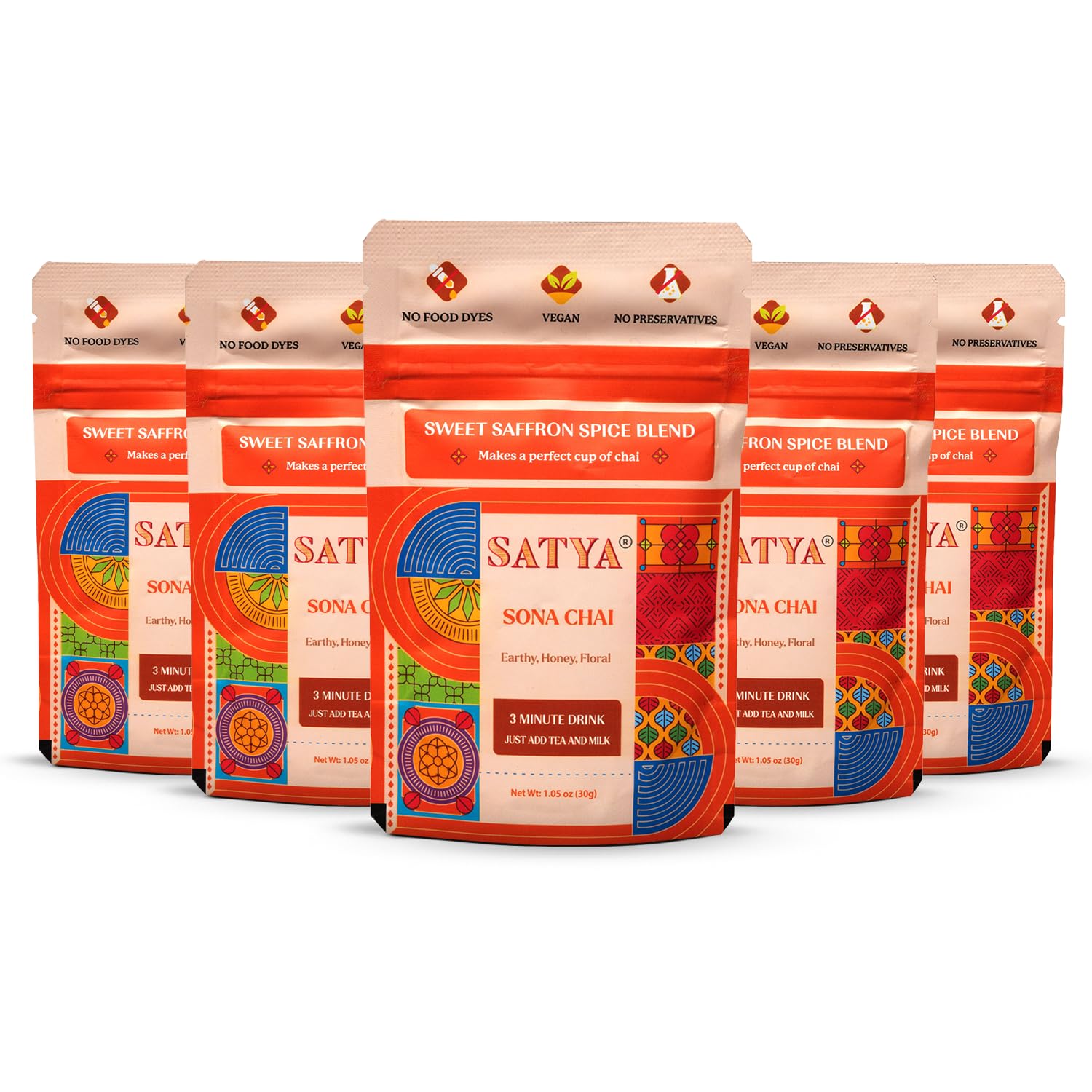 Satya Sona Chai Masala Powder with Saffron Authentic Indian Masala Chai Spice Mix Aromatic Tea Masala Blend 5 Fresh Sachets x 30g Makes 15 Servings