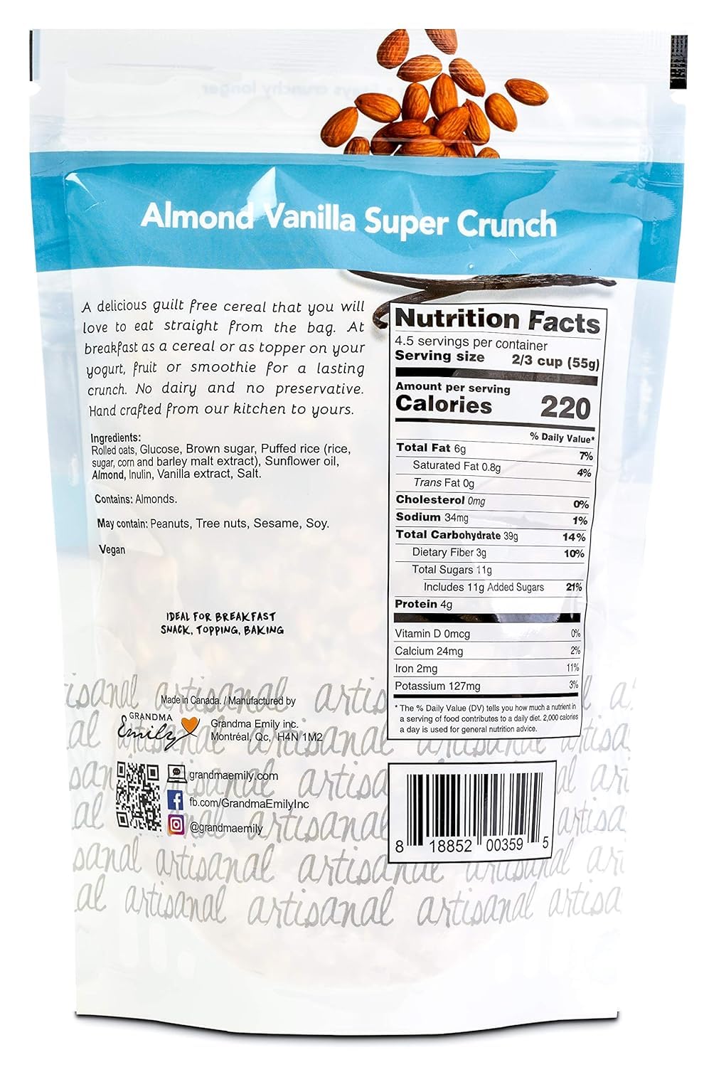 Grandma Emily Almond Vanilla Super Crunch Granola Custer Cereal with Rolled Oats, Brown Sugar, Puffed Rice, and Almonds, 9 ounces (Pack of 2)