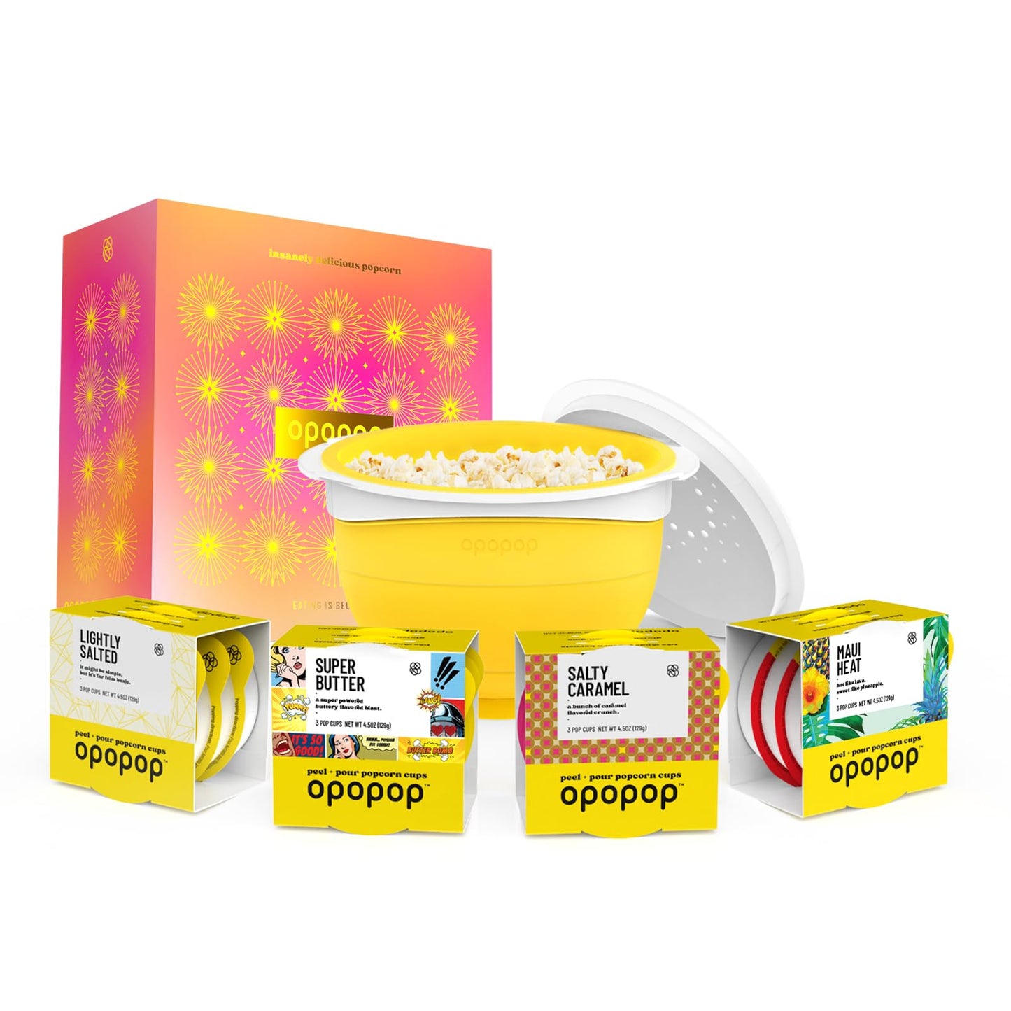 Opopop Gourmet Popcorn Gift Set - Variety 12-Pack Microwave Popcorn Kit, Collapsible Silicone Popcorn Popper, Gift Ready Packaging, Gluten Free Snacks