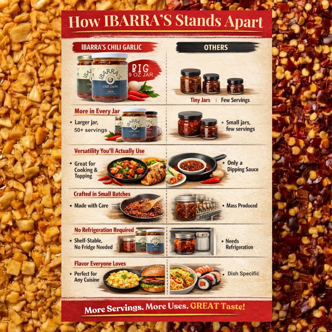 IBARRA'S Chili Garlic - 9oz (Pack of 1) - "The all-around, premium sauce for spice and flavor". Vegan-friendly. Small-batch production. Gluten-free
