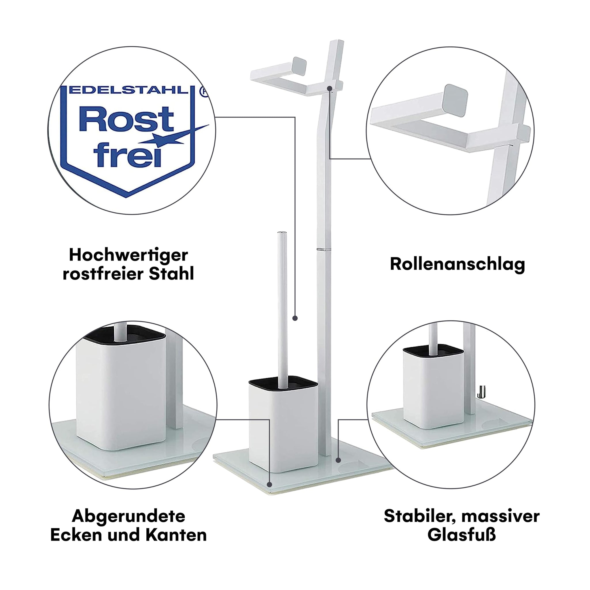 WC Set - White -22x18x70cm- Toilet Paper Holder and Toilet Brush incl. - Stainless Steel - Strong Glass Base - Plus: 1+2 Replacement Toilet Brush