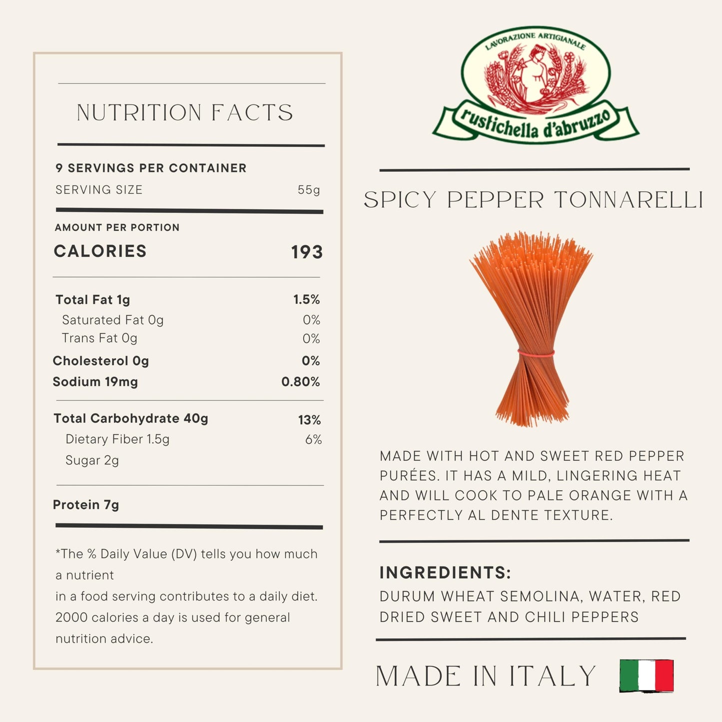 Rustichella d'Abruzzo Tonnarelli with Spicy Pepper, Long Pasta with Mild Heat from Sweet & Hot Red Purées, Perfect for Seafood, Sausage Ragù