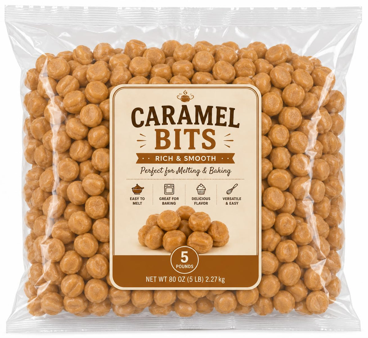Caramel Baking Bits Unwrapped Candy for Melting & Topping - 5 lb (Approx. 3350 pieces)