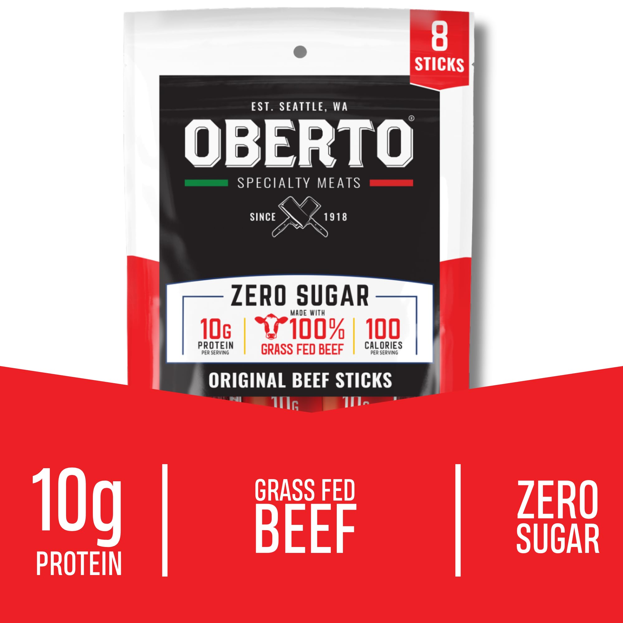Oberto Grass Fed Beef Sticks - Original, Zero Sugar, No Artificial Ingredients, High Protein, Gluten Free, Wood Smoked, Premium Grass Fed Meat Sticks