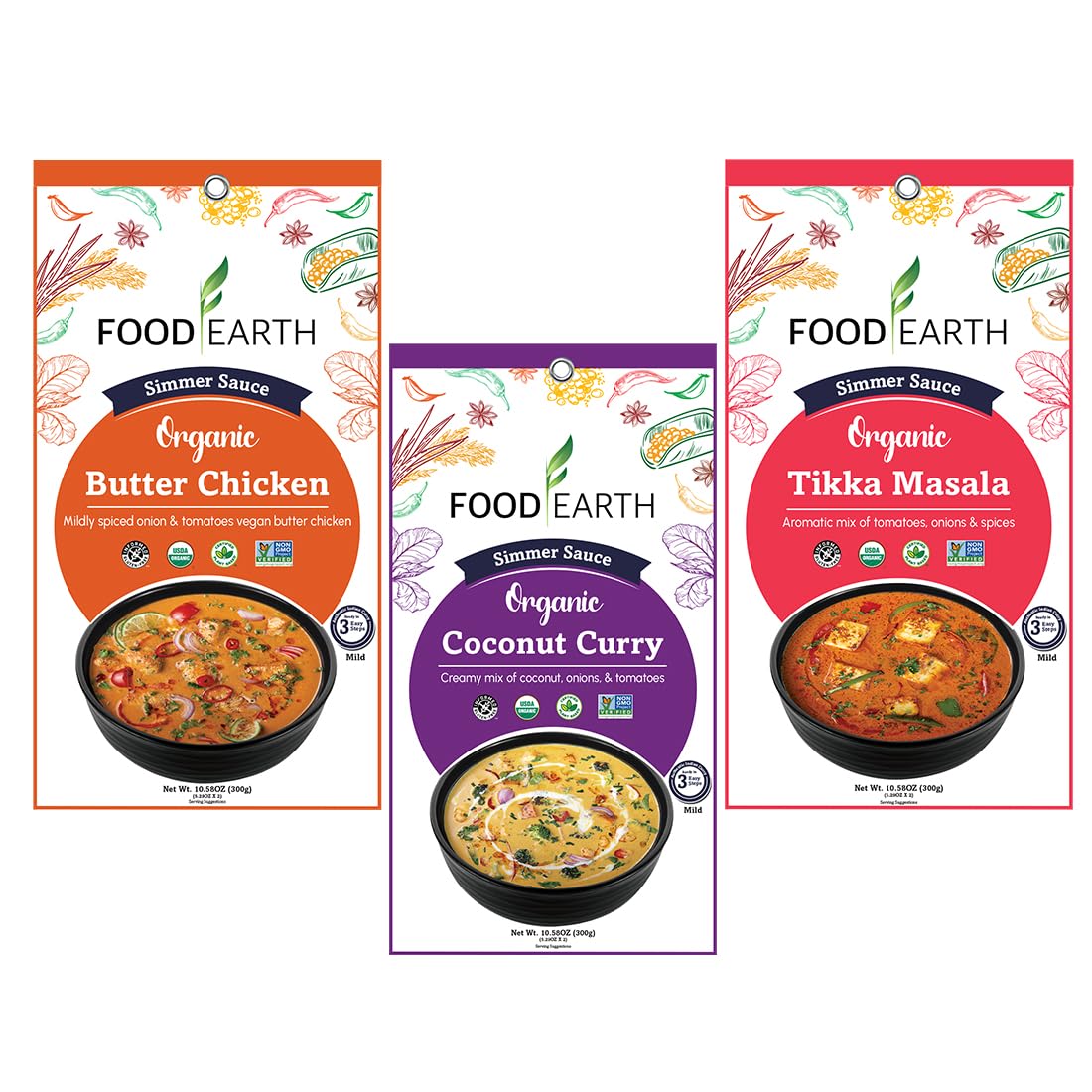 Food Earth Indian Simmer Sauces - Butter Chicken, Coconut Curry & Tikka Masala - Organic, Vegan, Gluten-Free Cooking Sauces (6 Pouches x 5.29 oz)