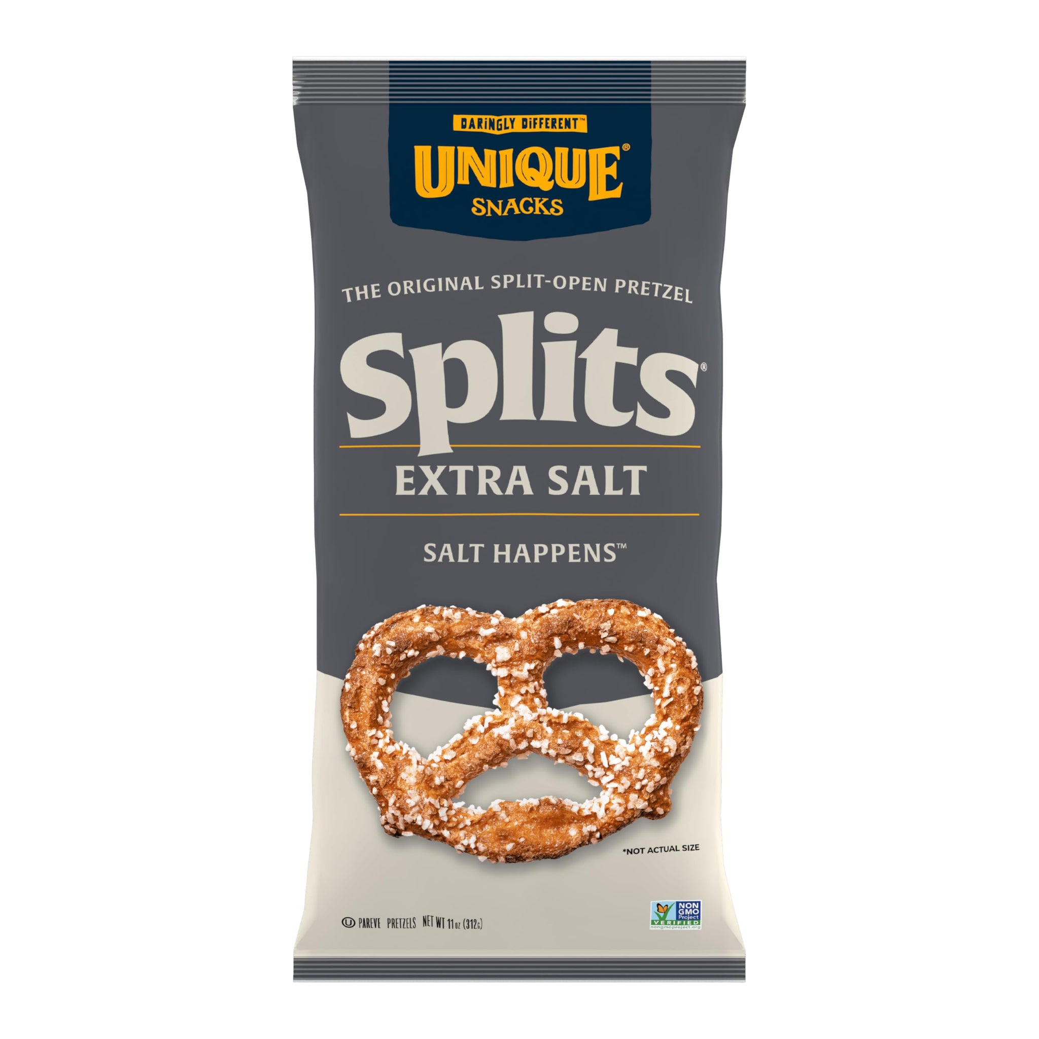 Unique Snacks Extra Salt Splits Pretzels, Original Split-Open Pretzels, Delicious Homestyle Baked Snack Bag, OU Kosher, and Non-GMO Food, No