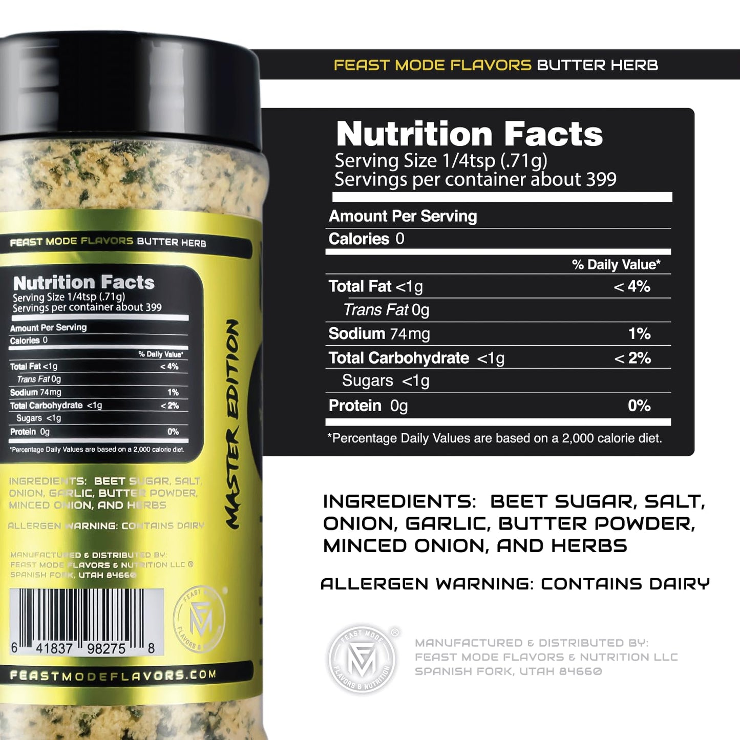 Butter Herb Seasoning | Feast Mode Flavors 10oz Master Edition | Low Sodium | Low Calorie | Zero Artificial Fillers Binders or Dyes | Natural Meal