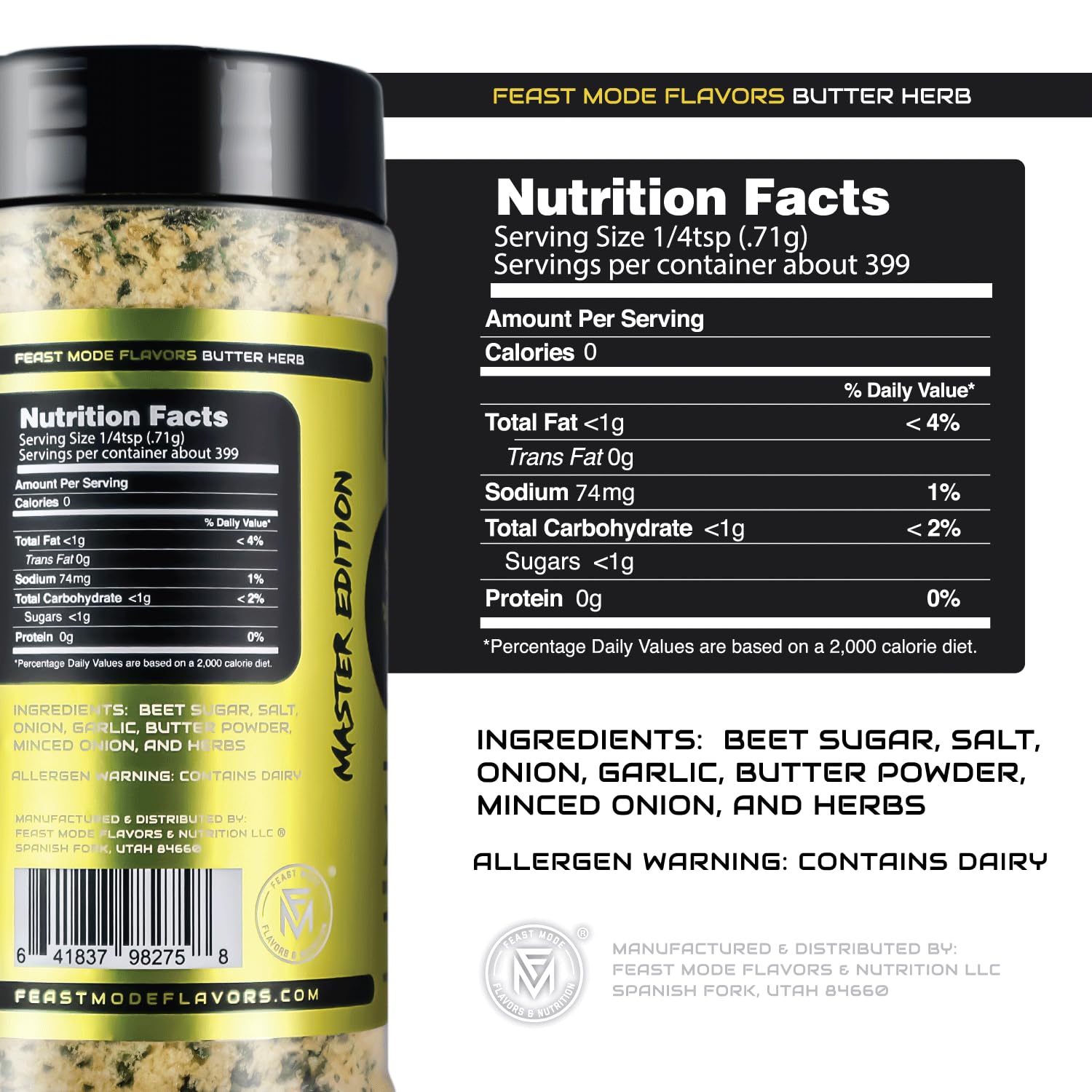Butter Herb Seasoning | Feast Mode Flavors 10oz Master Edition | Low Sodium | Low Calorie | Zero Artificial Fillers Binders or Dyes | Natural Meal