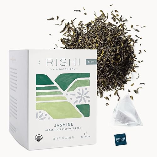 Rishi Tea Jasmine Green Tea - Organic Sachet Tea Bags, Caffeinated Scented Chinese Green Tea with Floral Aroma & Taste - 15 Count (Pack of 1)