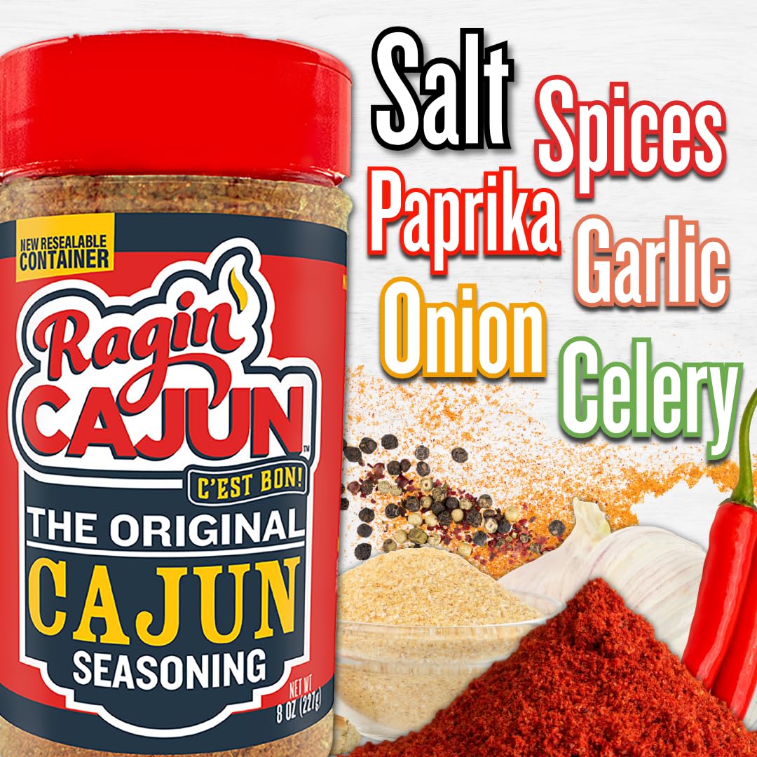 Ragin' Cajun Original Cajun Seasoning - 8 oz Shaker, Pack of 2, Low Sodium, No MSG - Authentic Louisiana Spice for Meats & Seafood