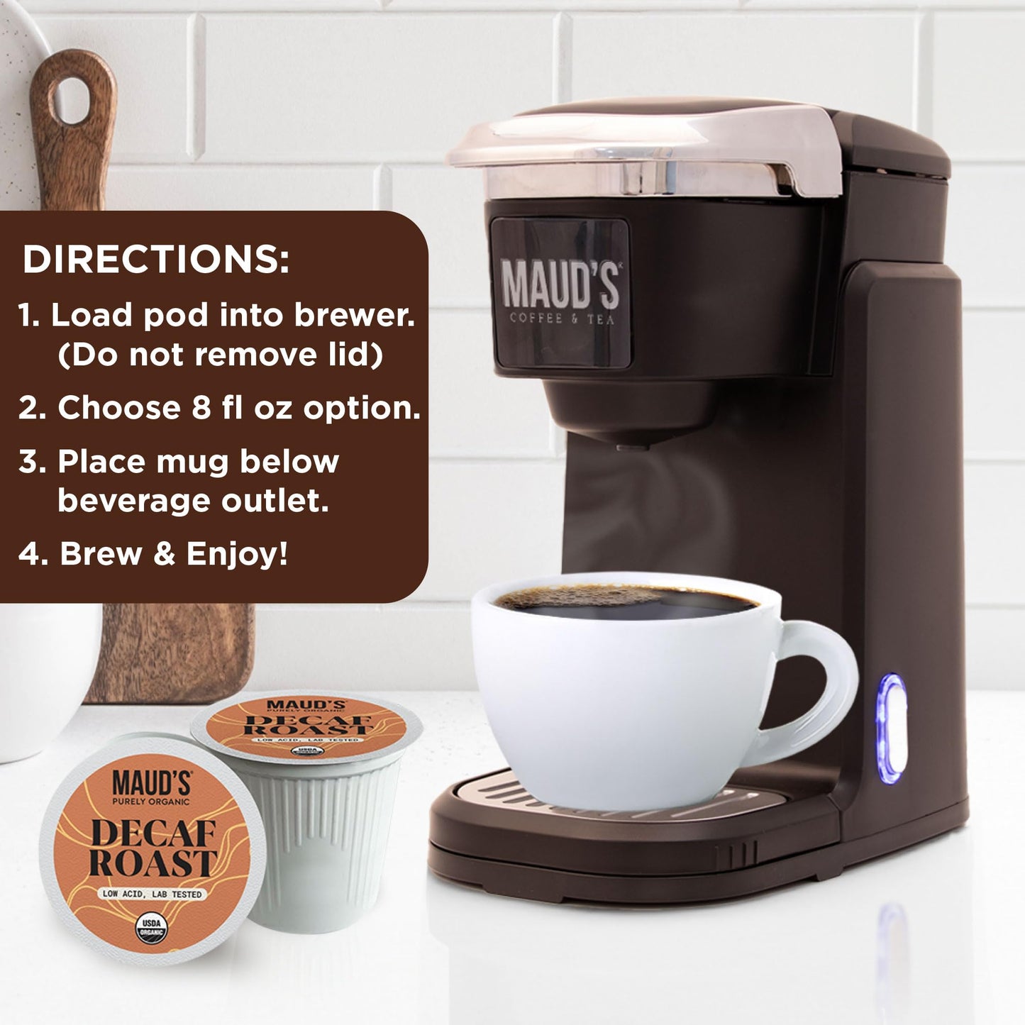Maud's Purely Organic Low Acid Decaf Medium Roast Coffee Pods - Swiss Water Processed - 16ct | Lab Tested for Mold, Mycotoxins, Heavy Metals