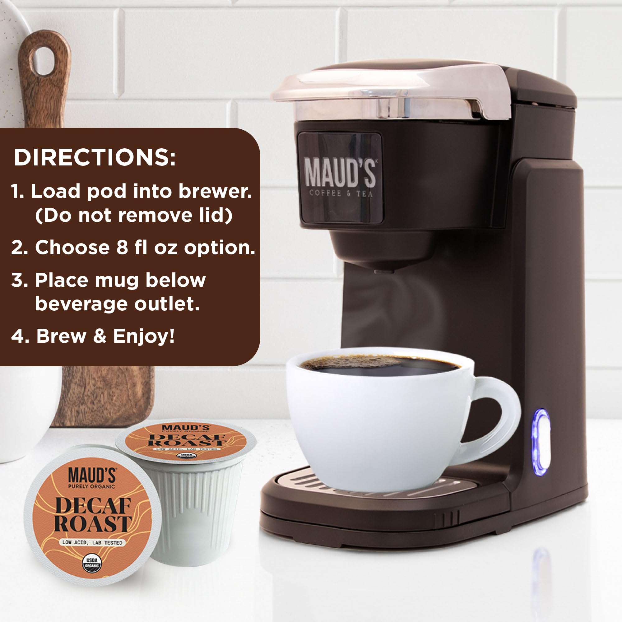 Maud's Purely Organic Low Acid Decaf Medium Roast Coffee Pods - Swiss Water Processed - 16ct | Lab Tested for Mold, Mycotoxins, Heavy Metals